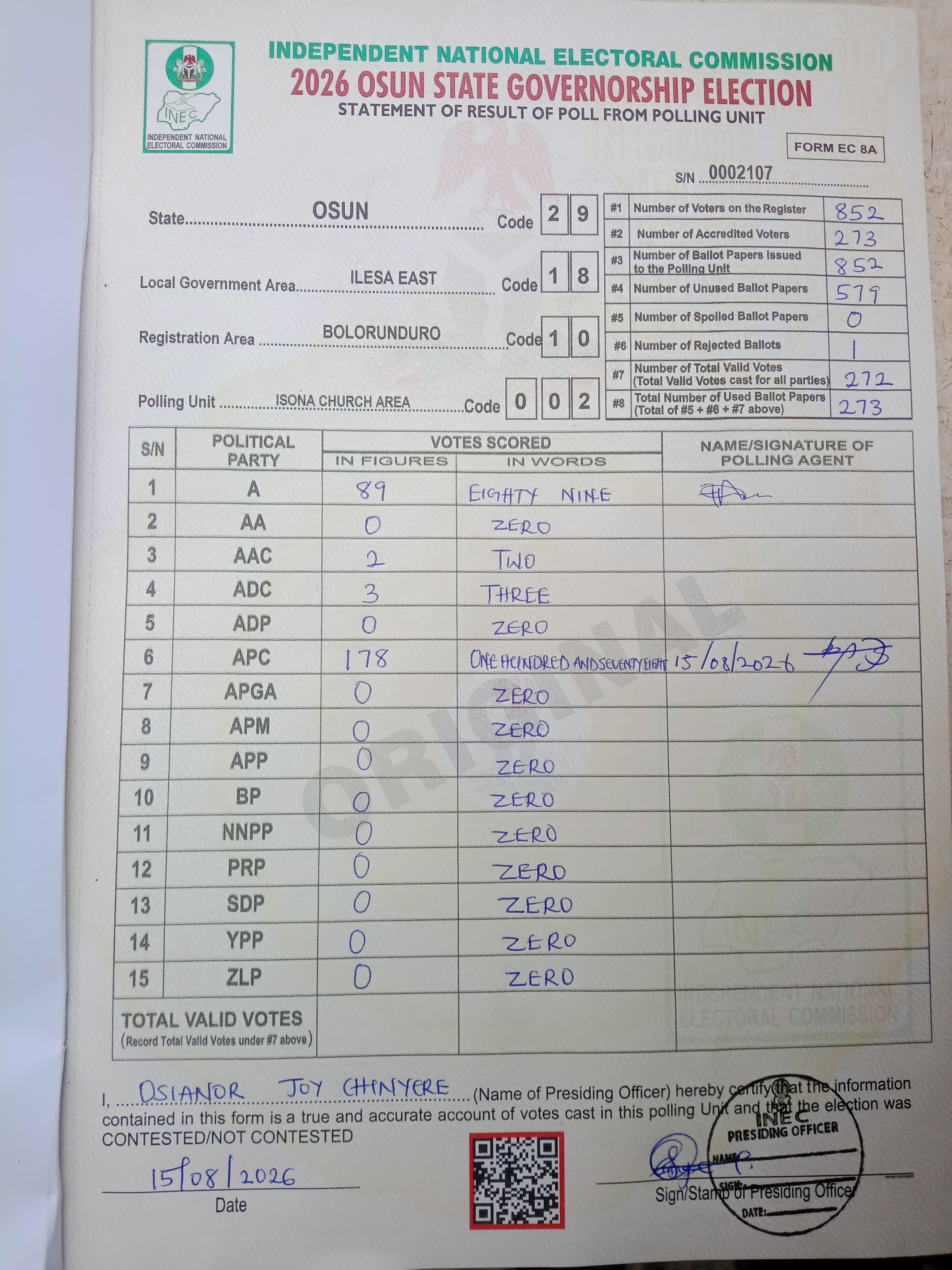 Result sheet for polling unit 29/18/10/002, Isona Church Area
