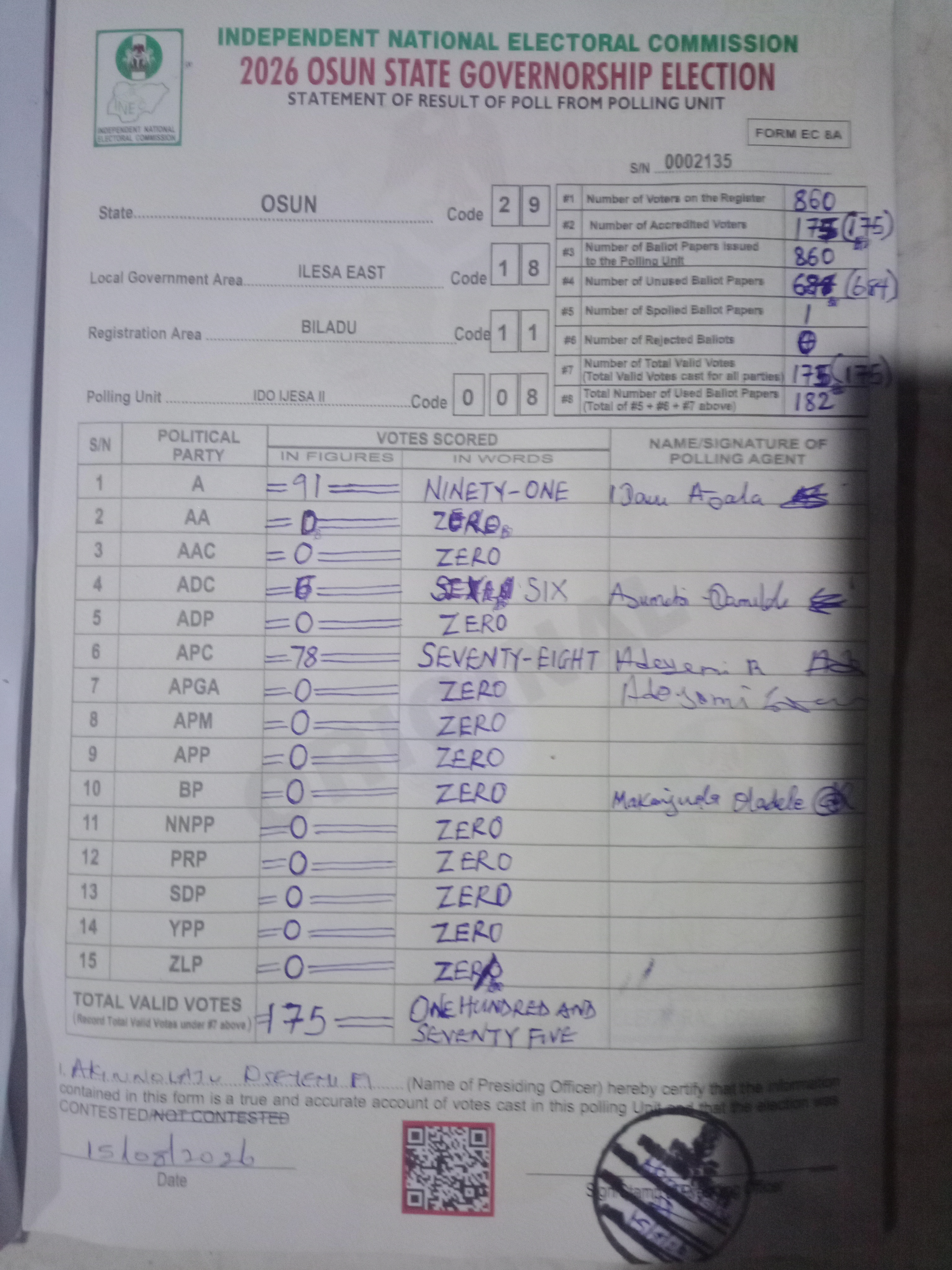 Result sheet for polling unit 29/18/11/008, Ido Ijesa II