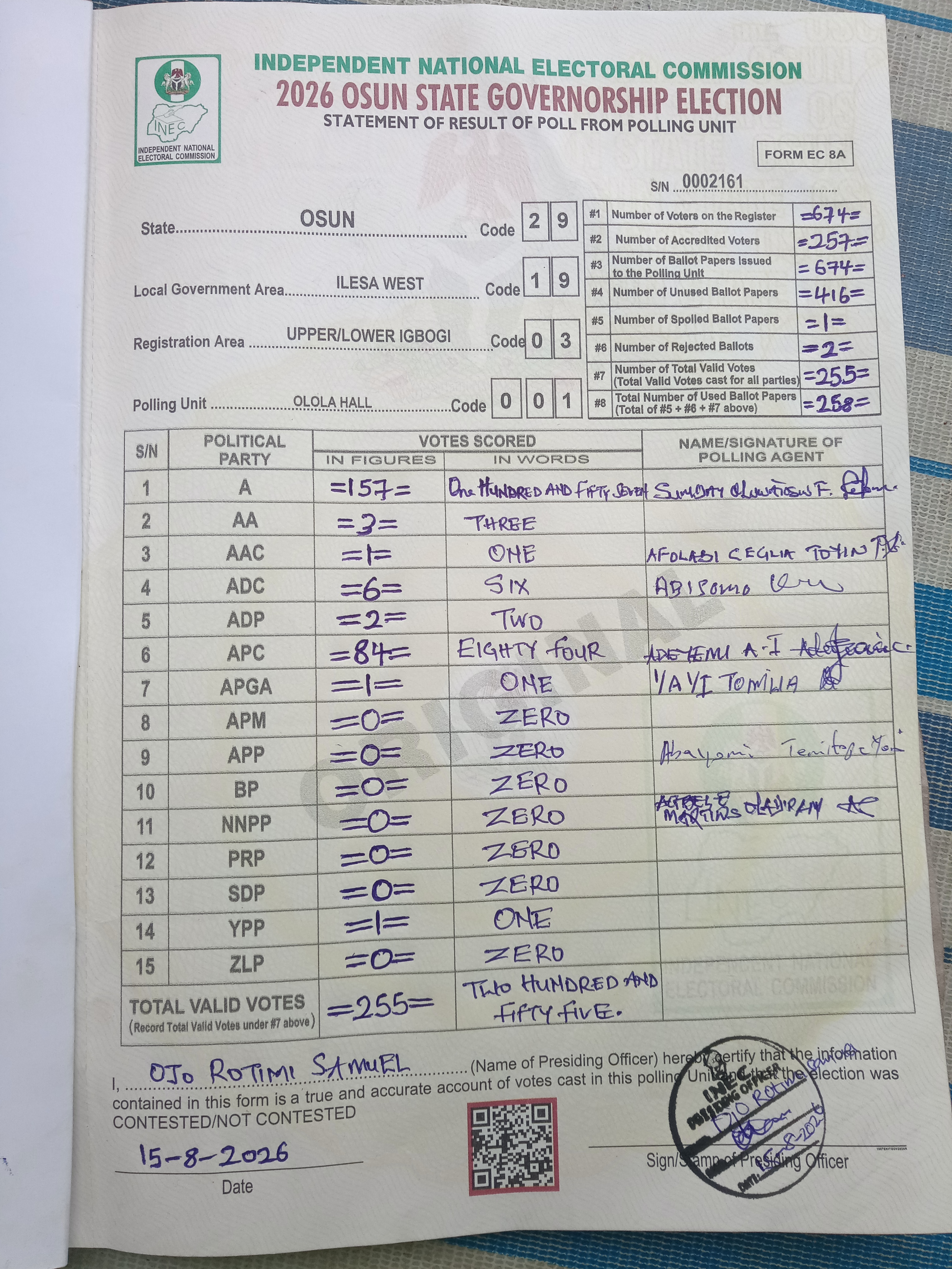 Result sheet for polling unit 29/19/03/001, Olola Hall