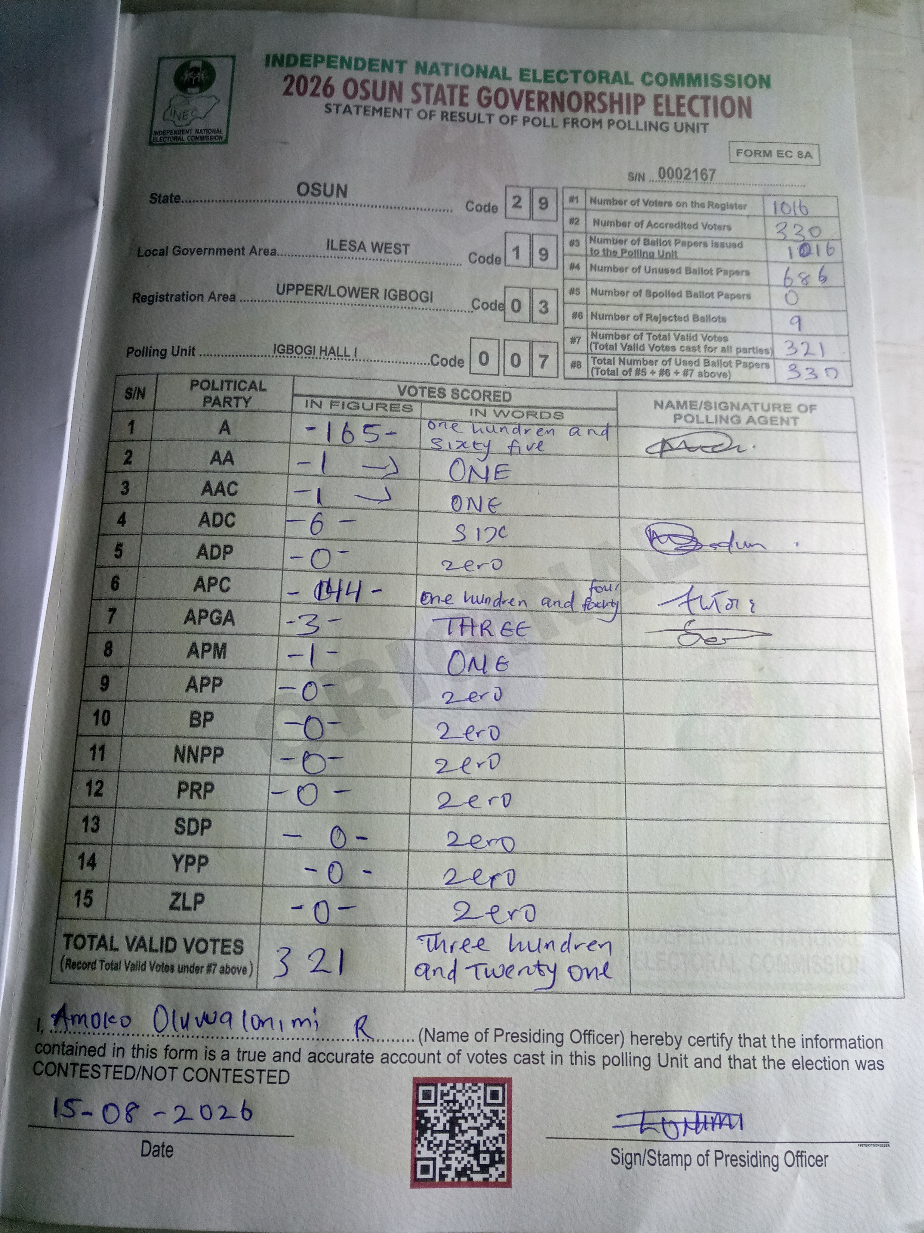 Result sheet for polling unit 29/19/03/007, Igbogi Hall I