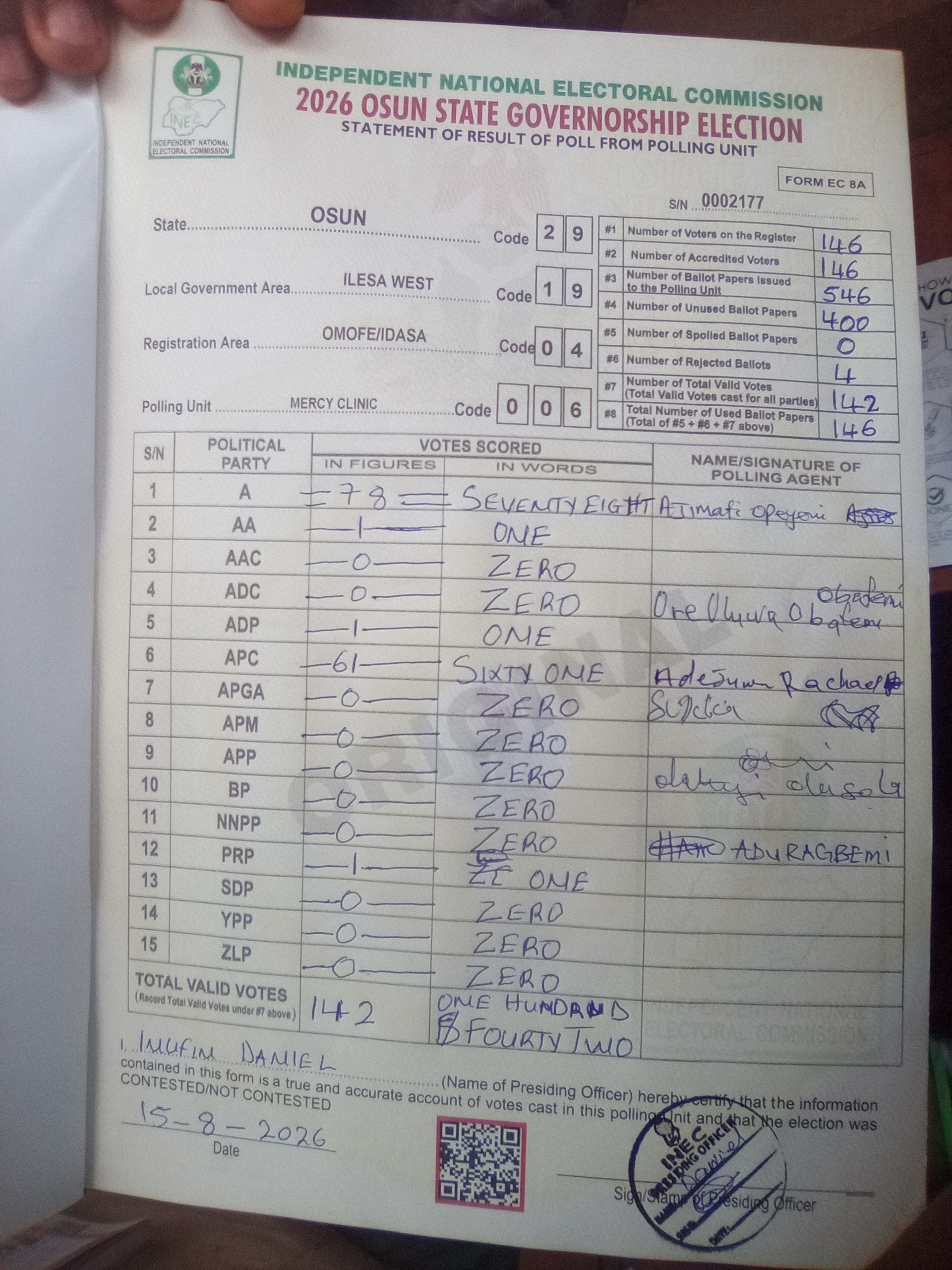 Result sheet for polling unit 29/19/04/006, Mercy Clinic