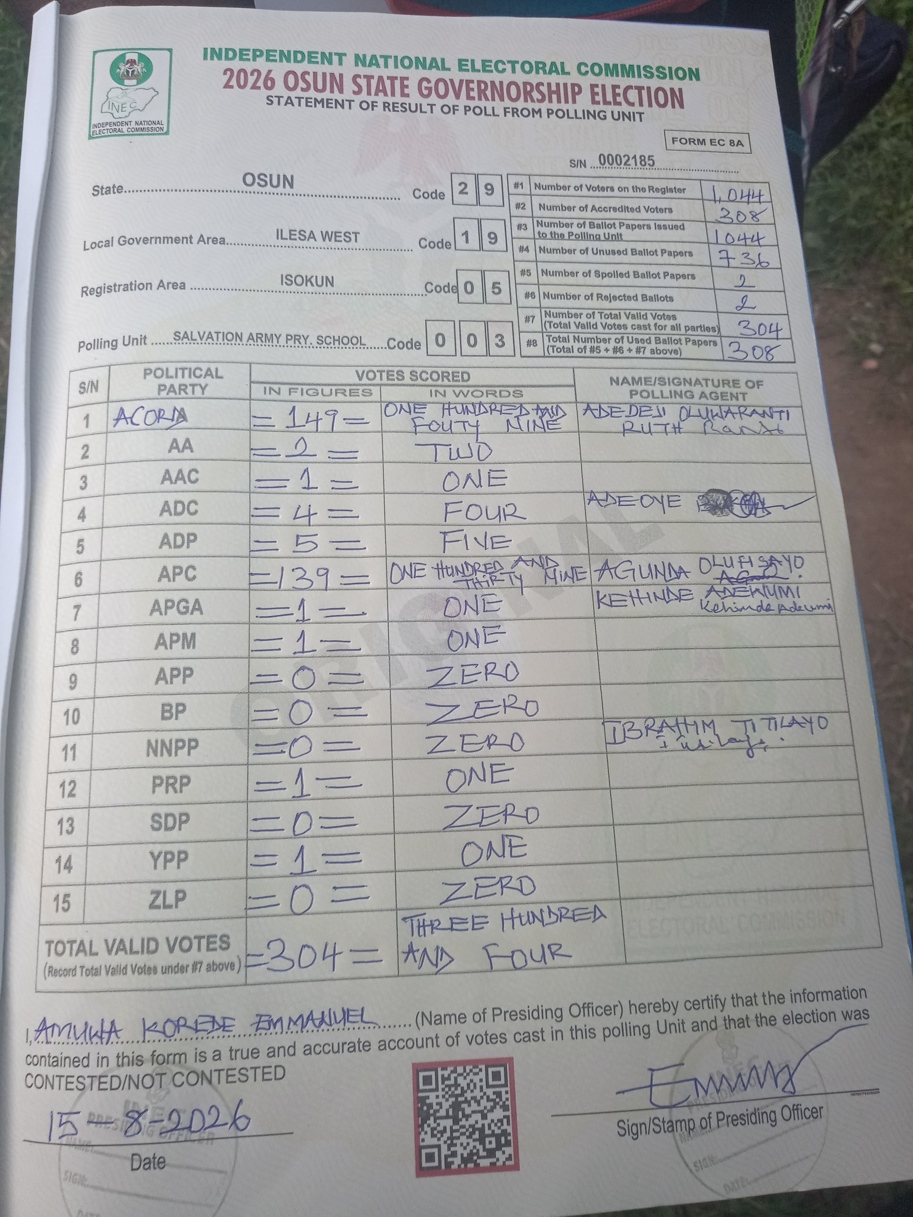 Result sheet for polling unit 29/19/05/003, Salvation Army Pry. School