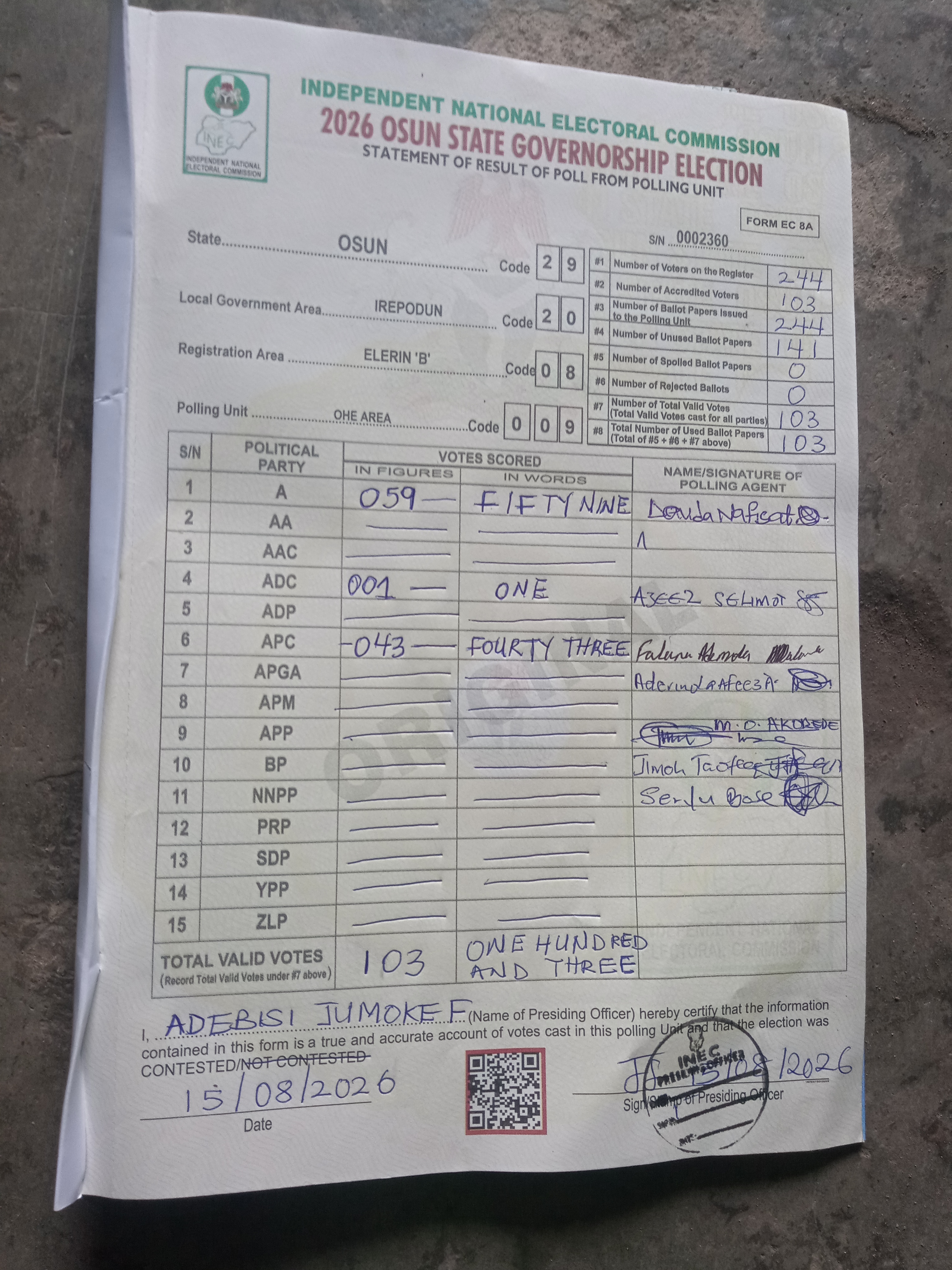 Result sheet for polling unit 29/20/08/009, Ohe Area