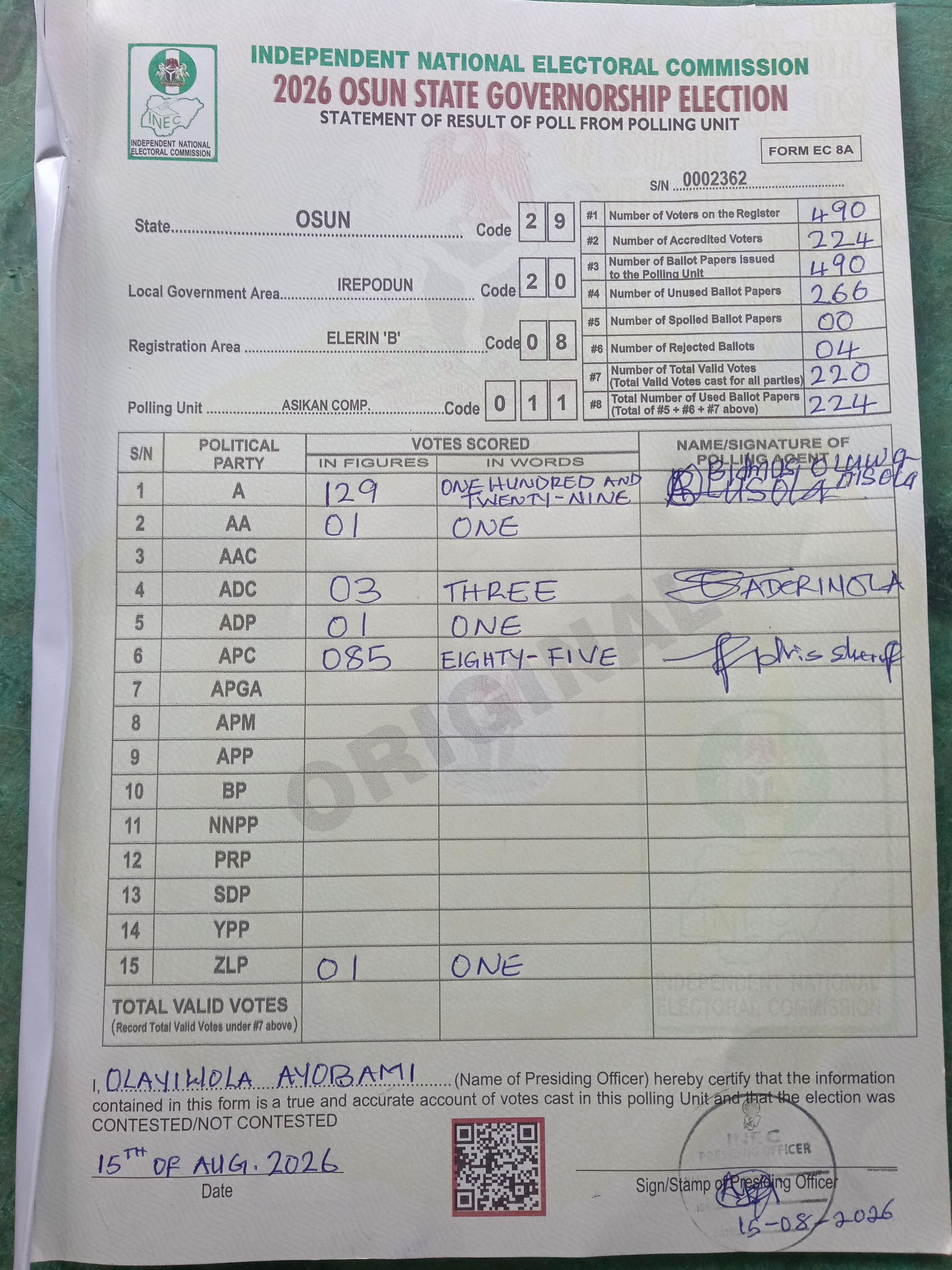 Result sheet for polling unit 29/20/08/011, Asikan Comp.