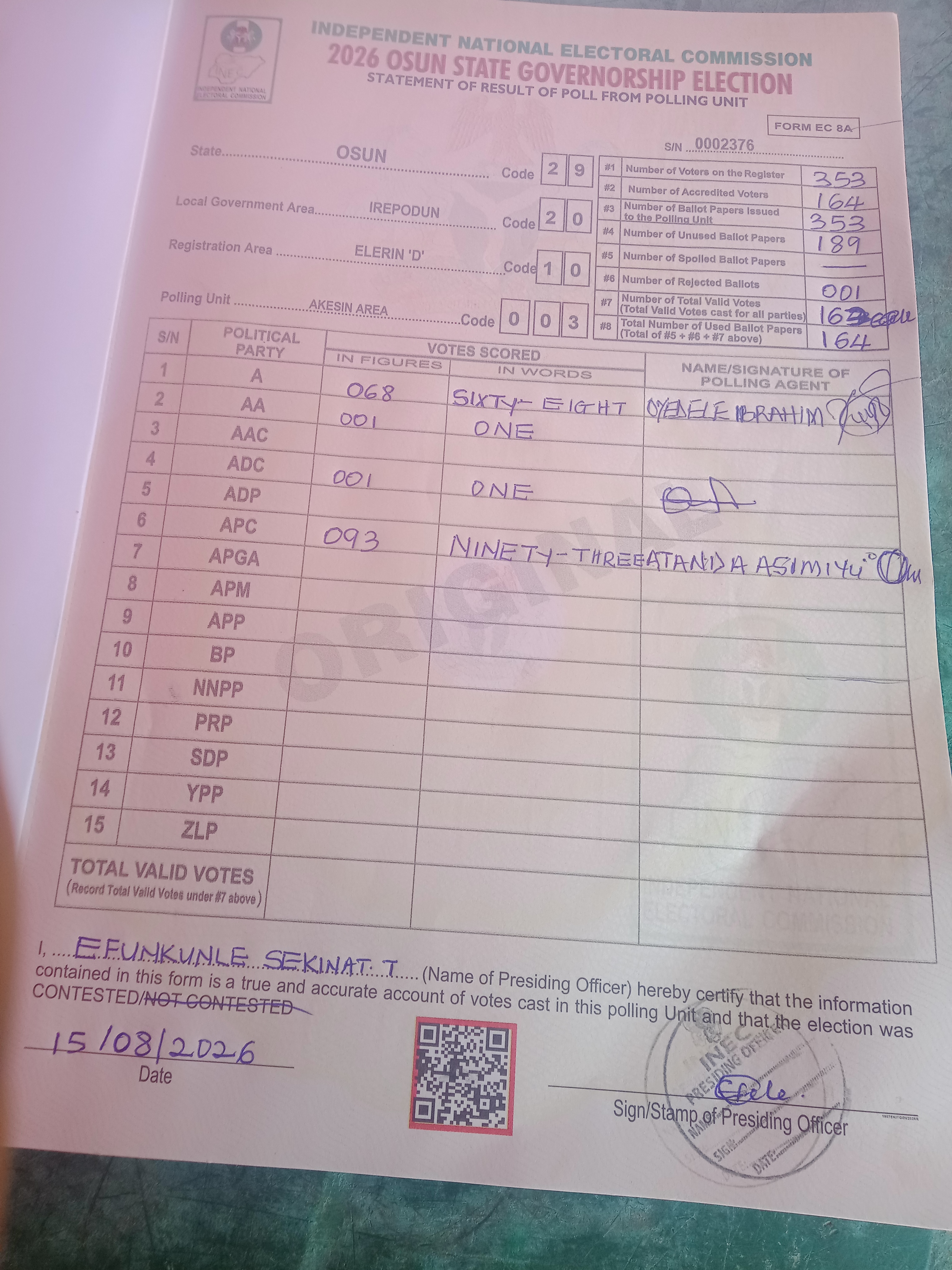Result sheet for polling unit 29/20/10/003, Akesin Area