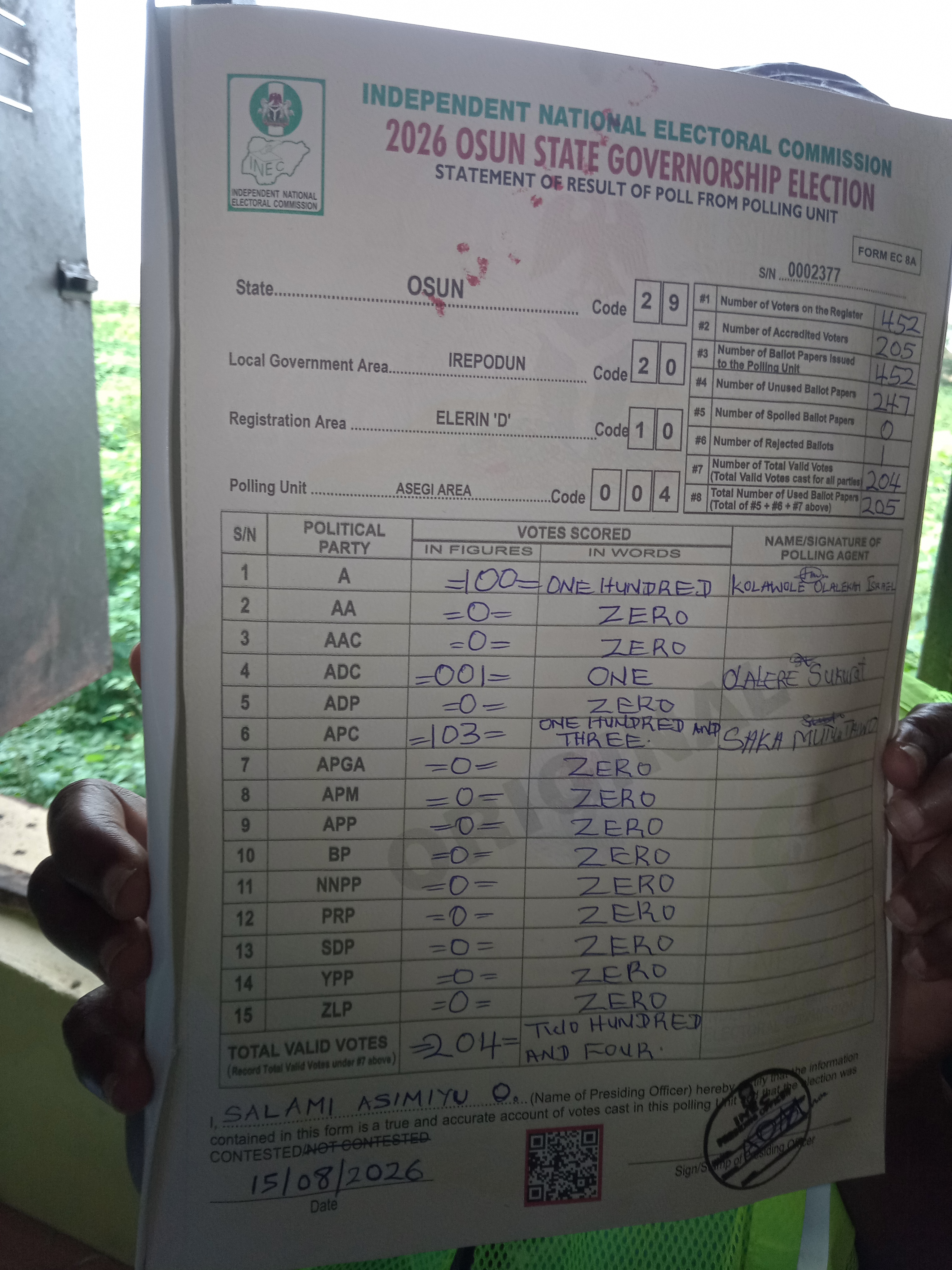 Result sheet for polling unit 29/20/10/004, Asegi Area