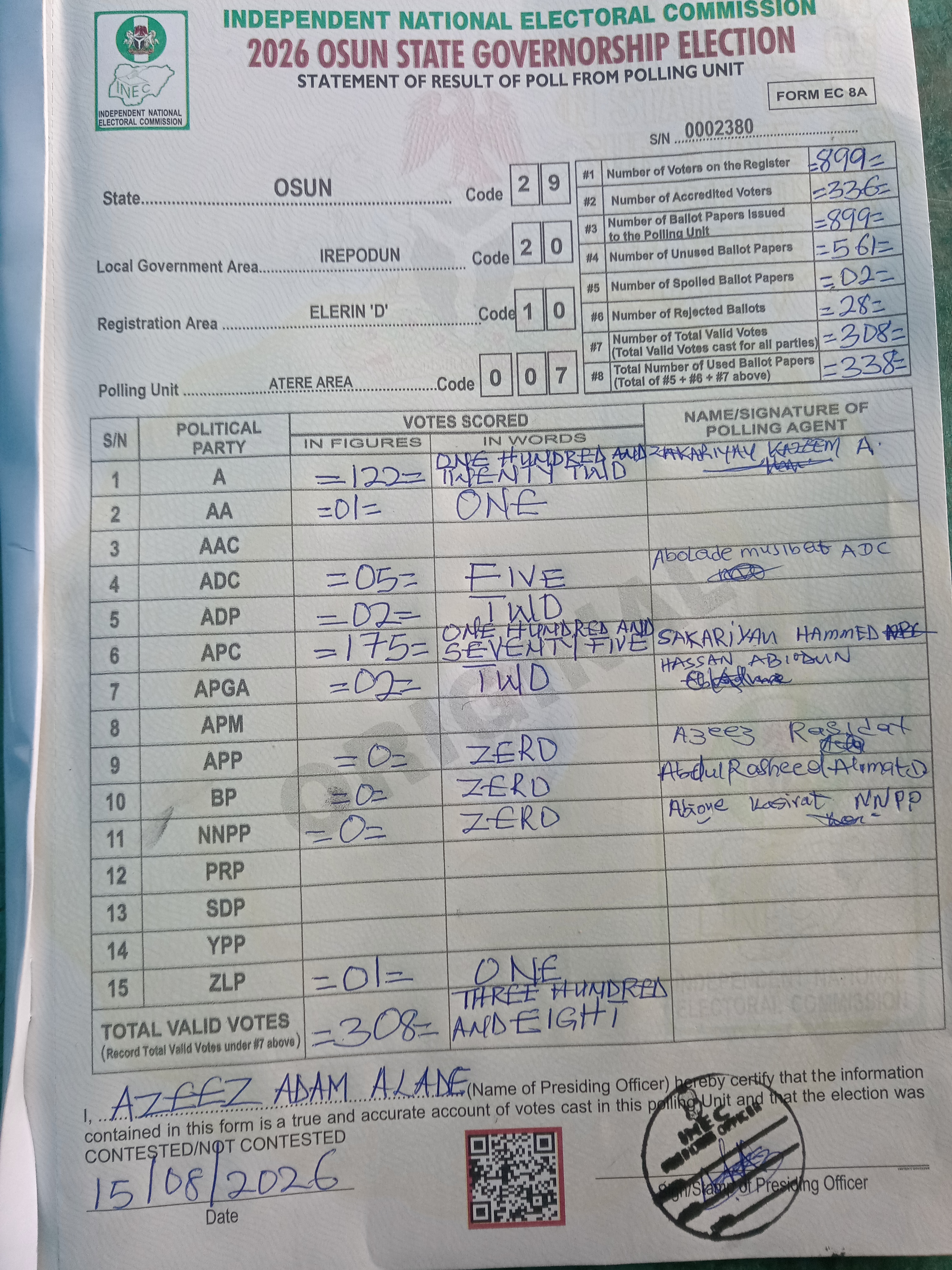 Result sheet for polling unit 29/20/10/007, Atere Area