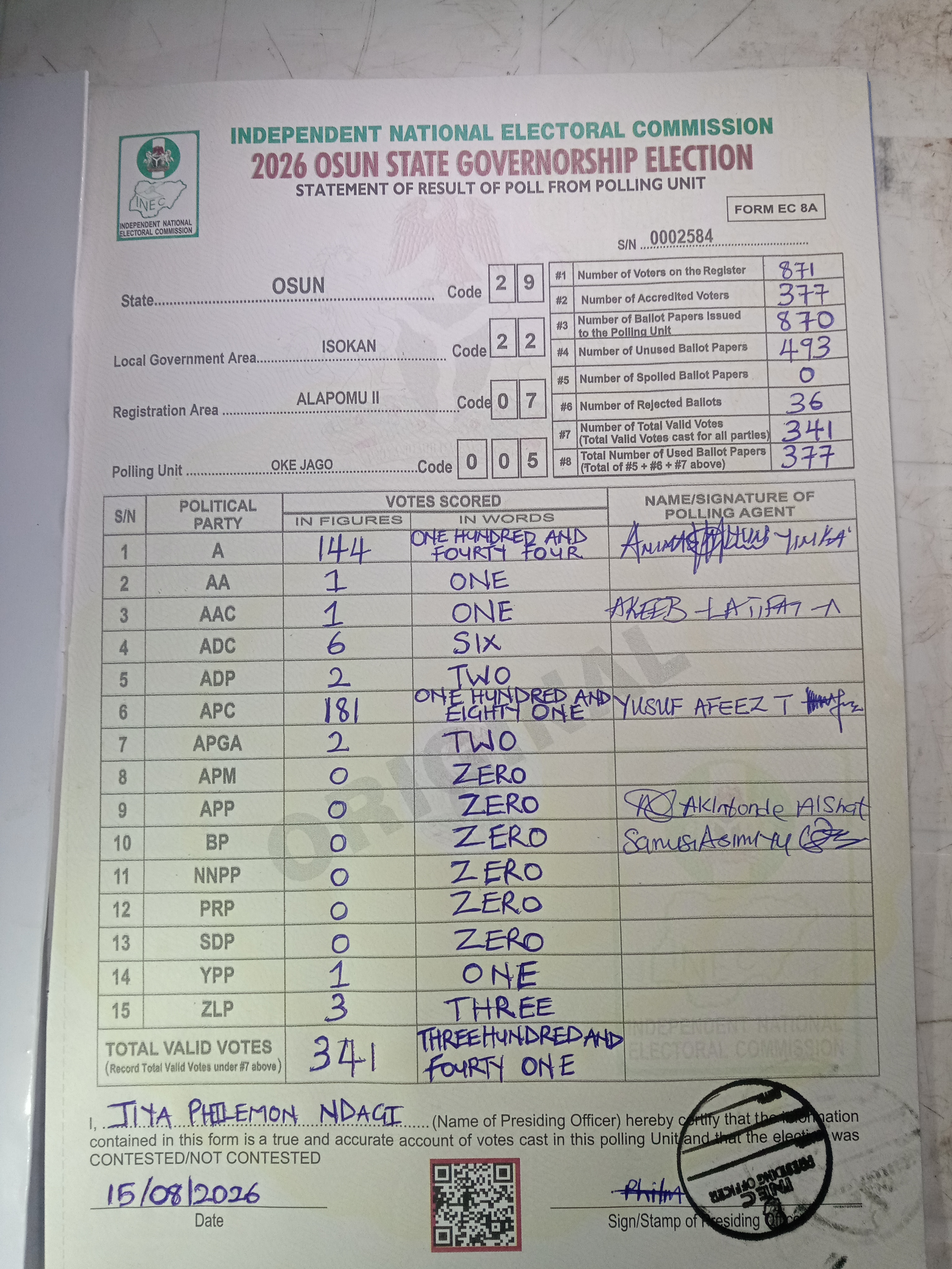 Result sheet for polling unit 29/22/07/005, Oke Jago