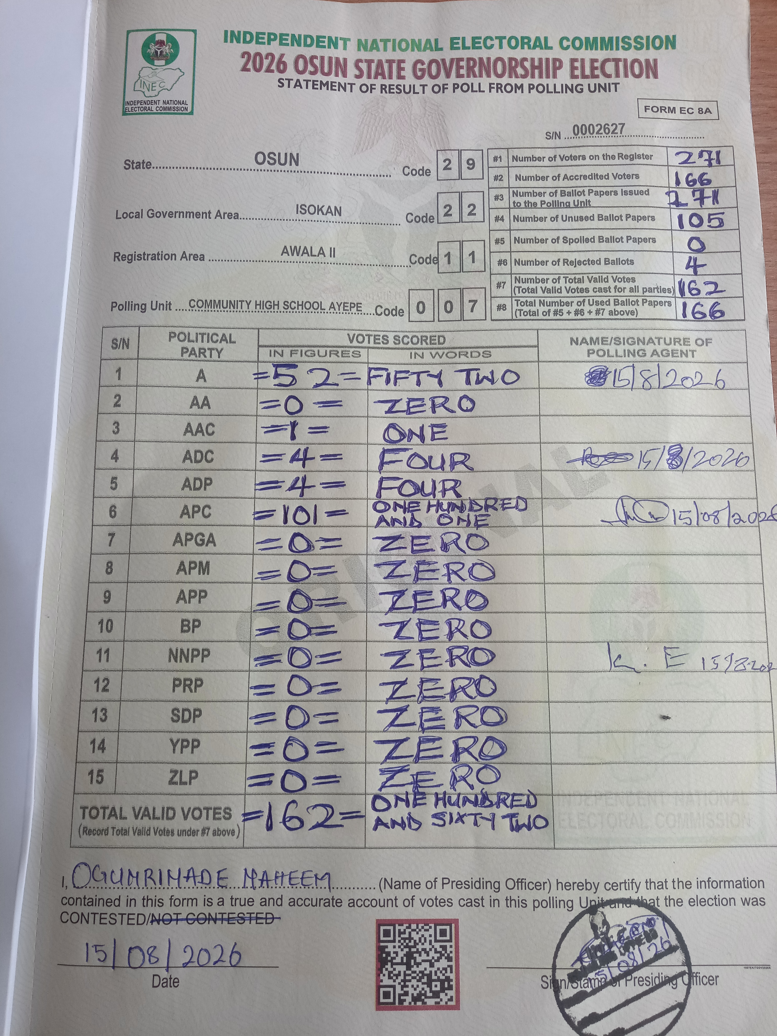 Result sheet for polling unit 29/22/11/007, Community High School Ayepe