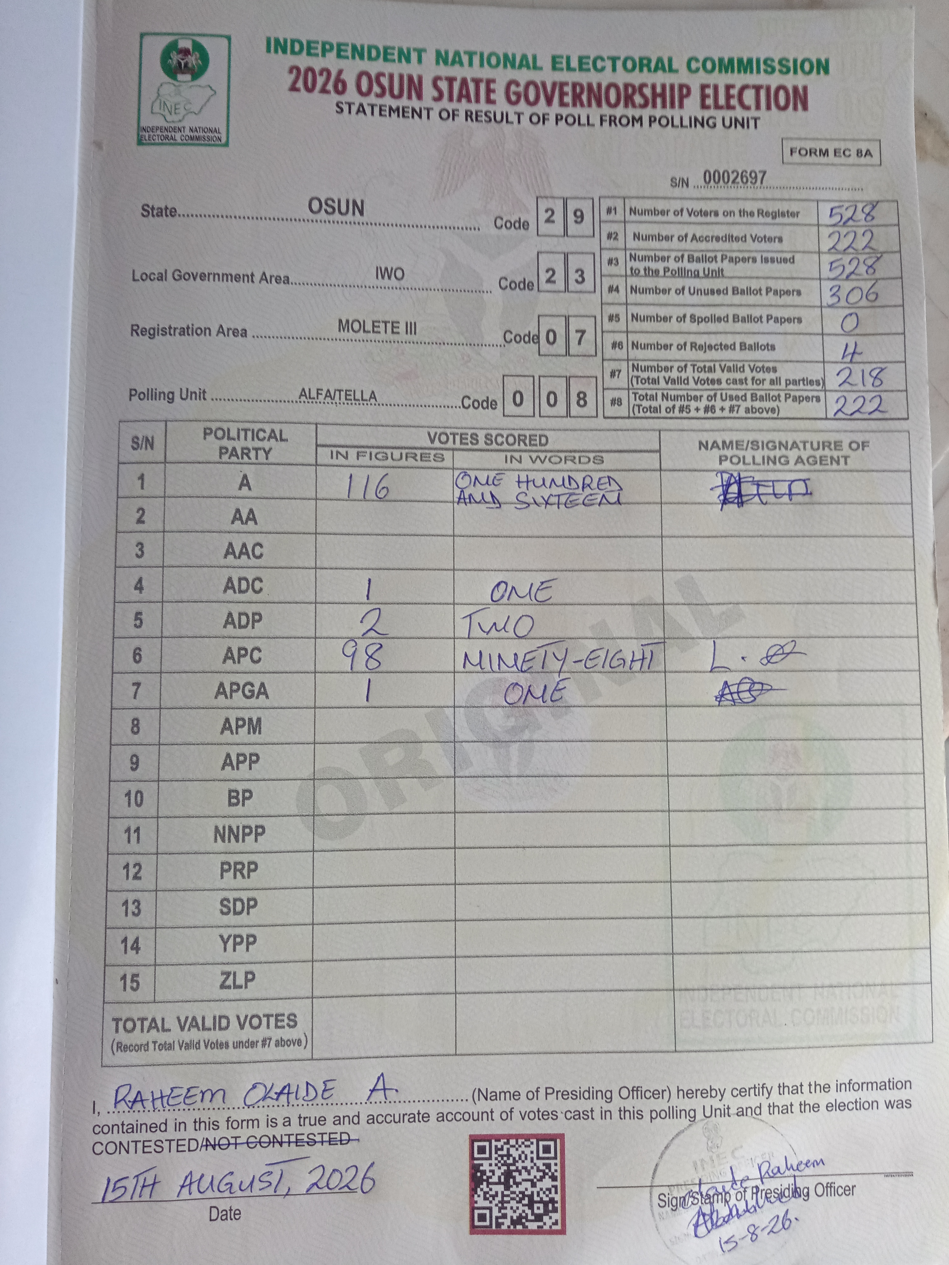 Result sheet for polling unit 29/23/07/008, Alfa/Tella