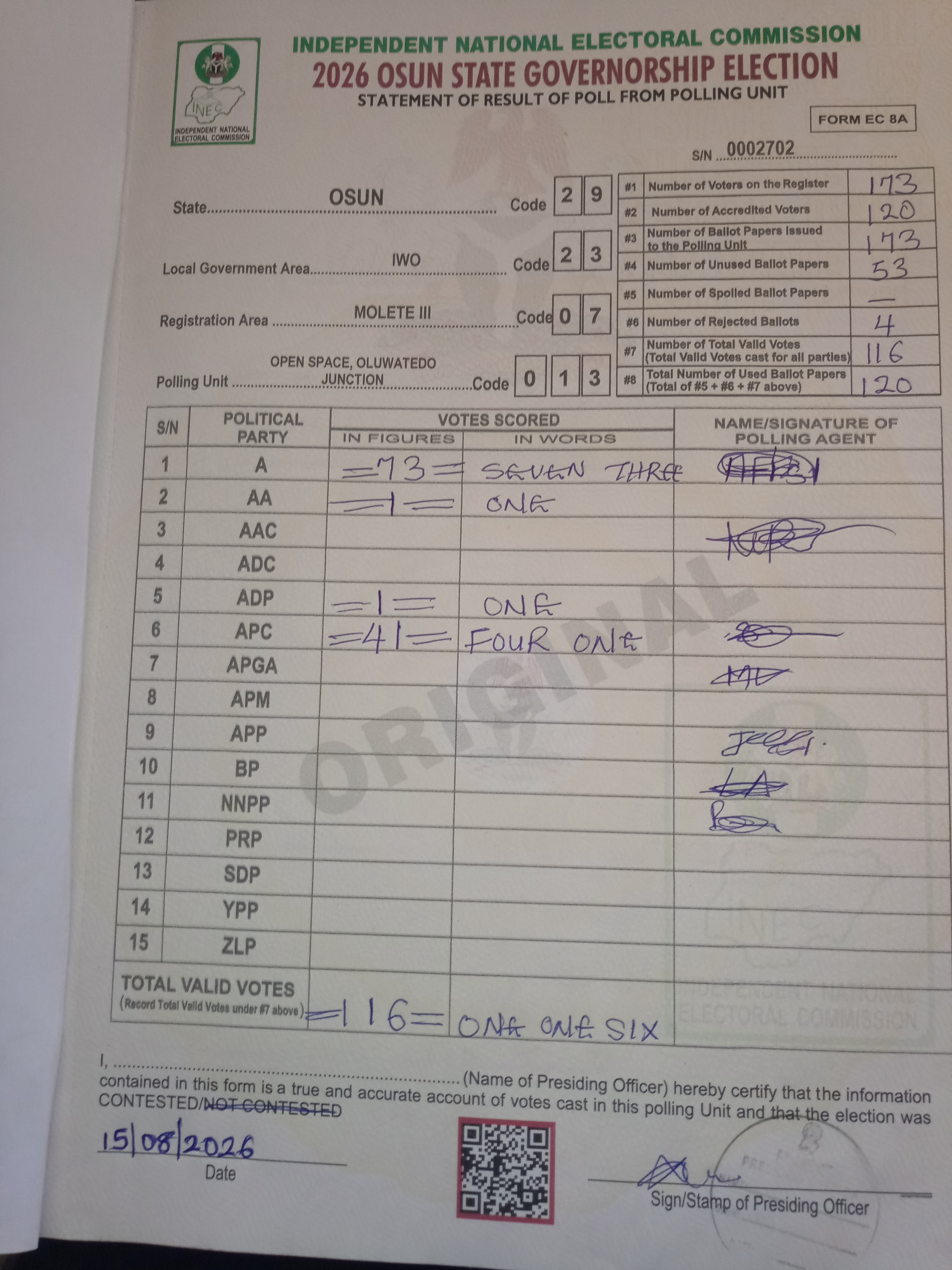 Result sheet for polling unit 29/23/07/013, Open Space, Oluwatedo Junction