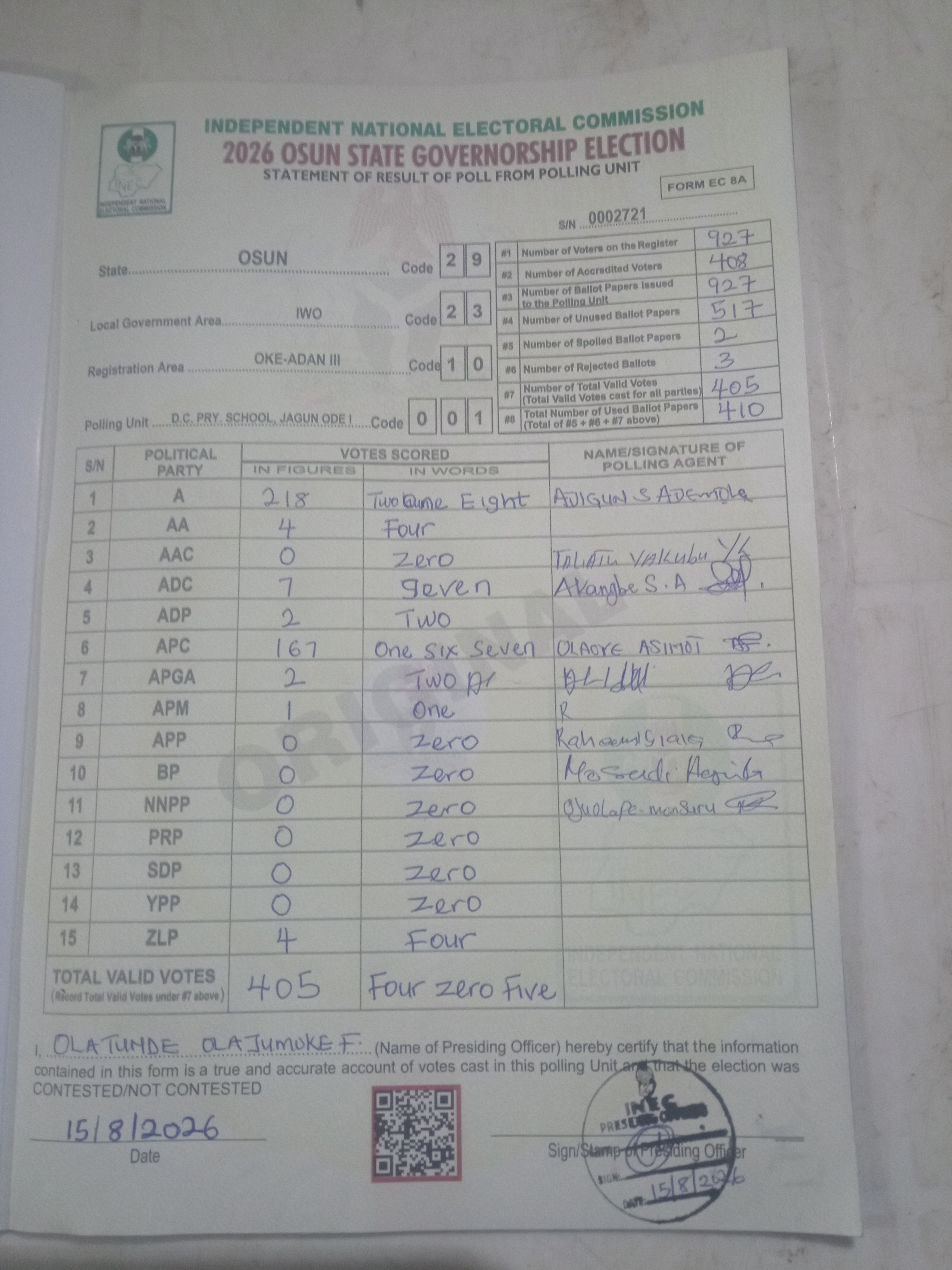 Result sheet for polling unit 29/23/10/001, D.C. Pry. School, Jagun Ode I