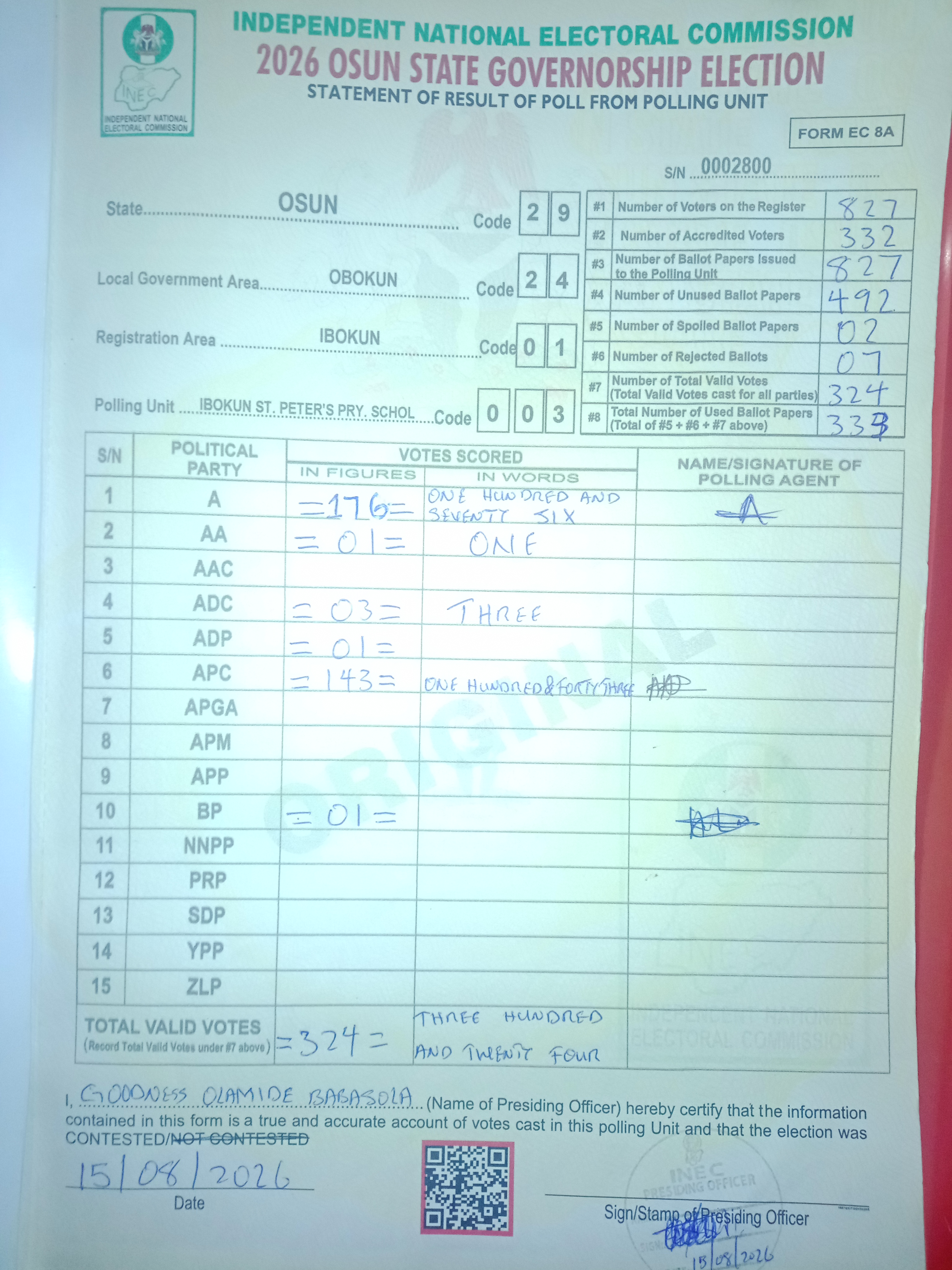 Result sheet for polling unit 29/24/01/003, Ibokun St. Peter's Pry. Schol
