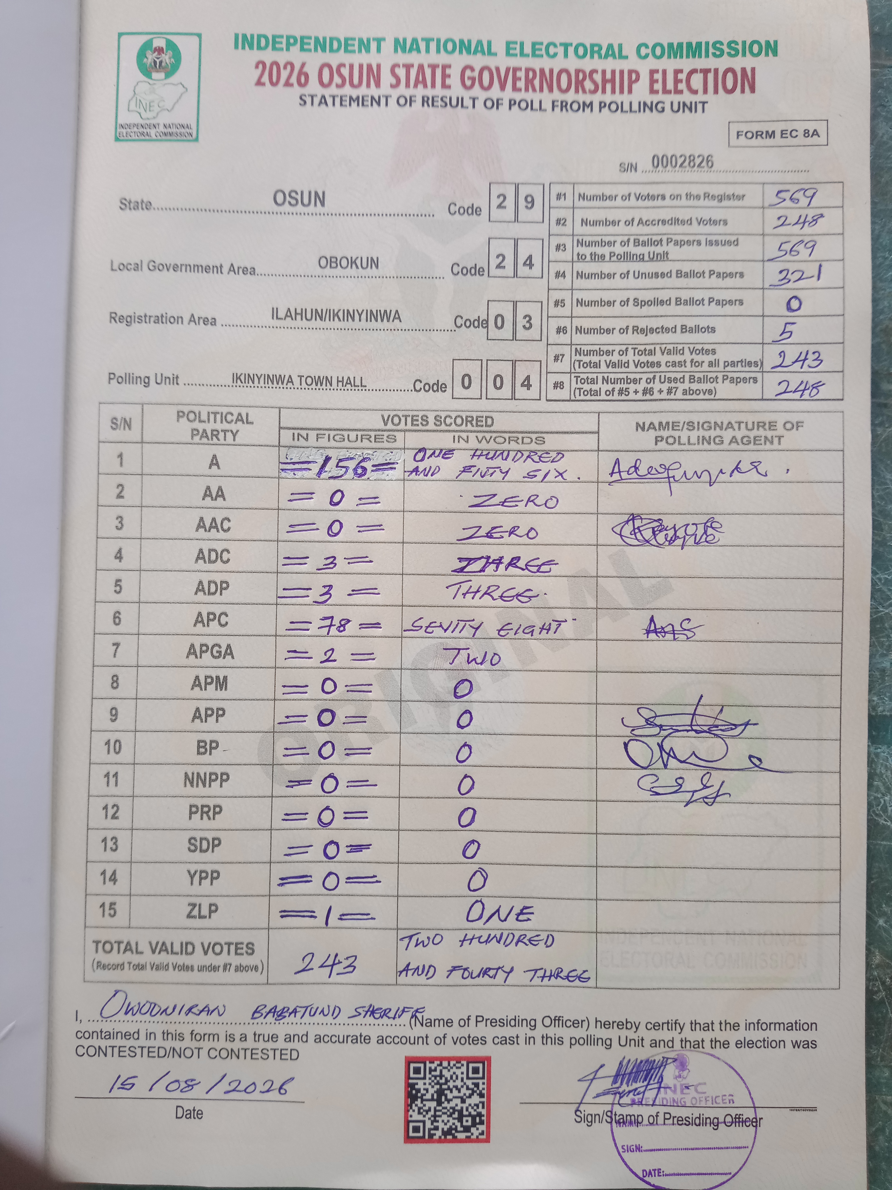 Result sheet for polling unit 29/24/03/004, Ikinyinwa Town Hall