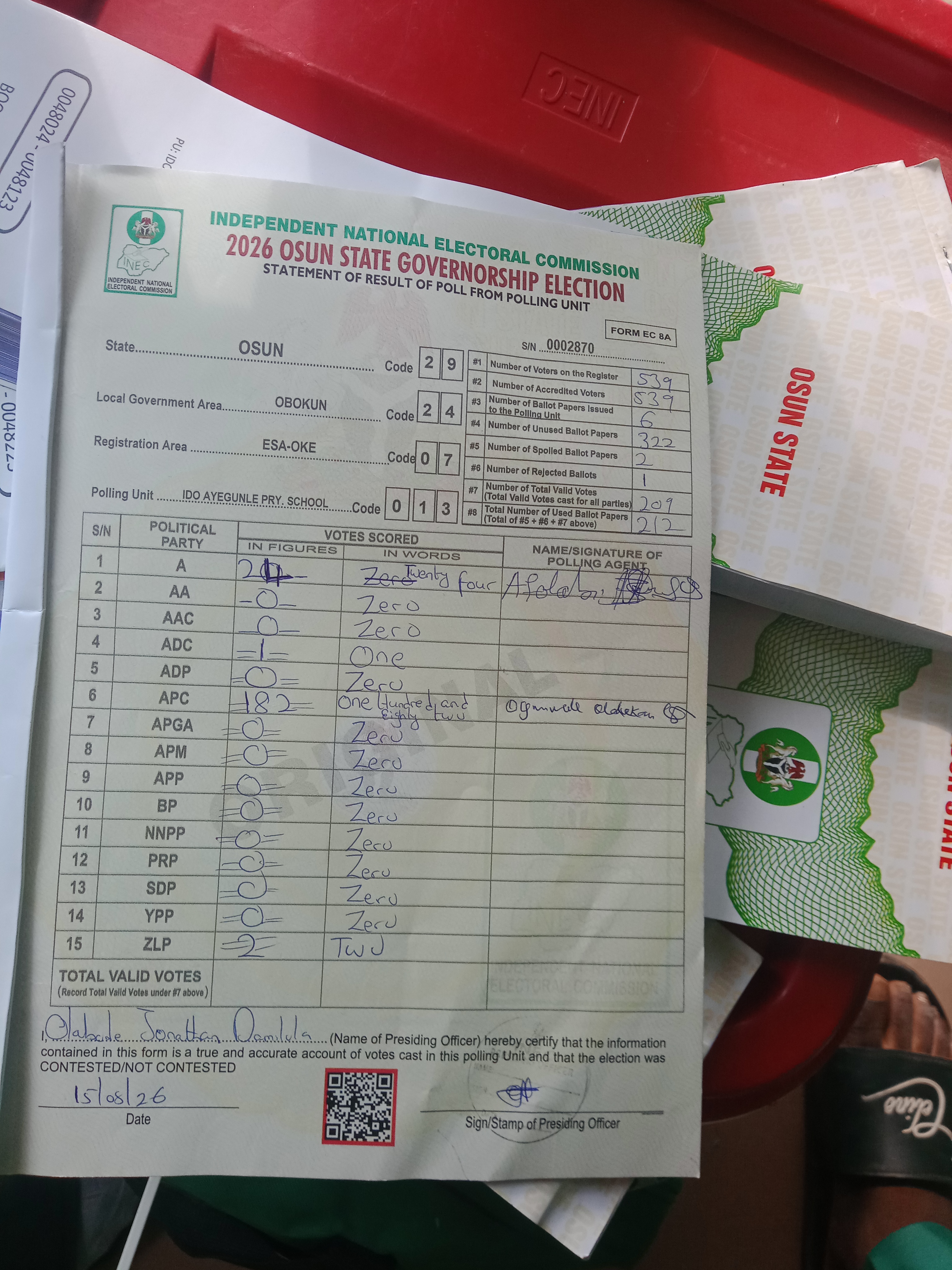 Result sheet for polling unit 29/24/07/013, Ido Ayegunle Pry. School