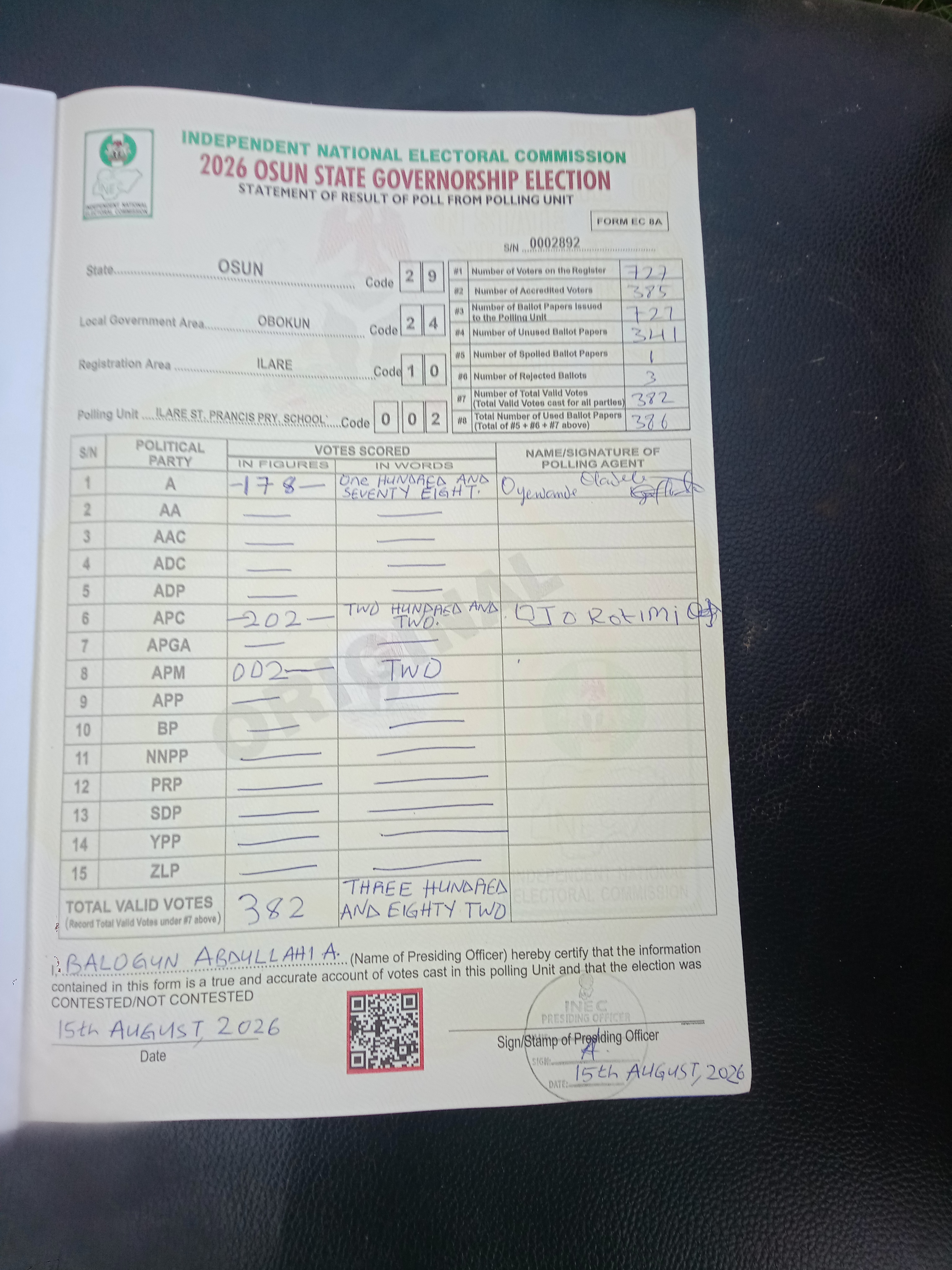 Result sheet for polling unit 29/24/10/002, Ilare St. Prancis Pry. School`