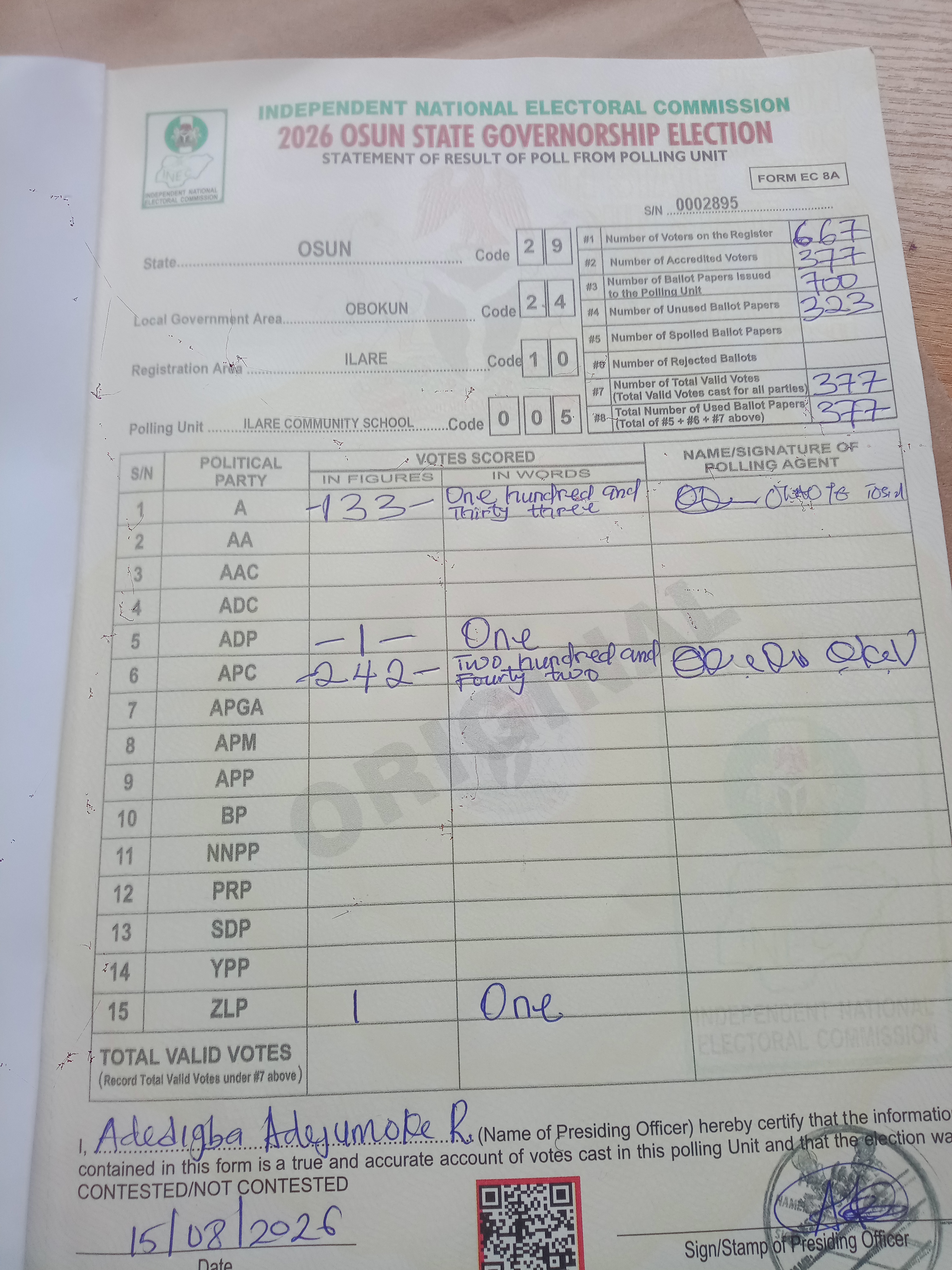 Result sheet for polling unit 29/24/10/005, Ilare Community School