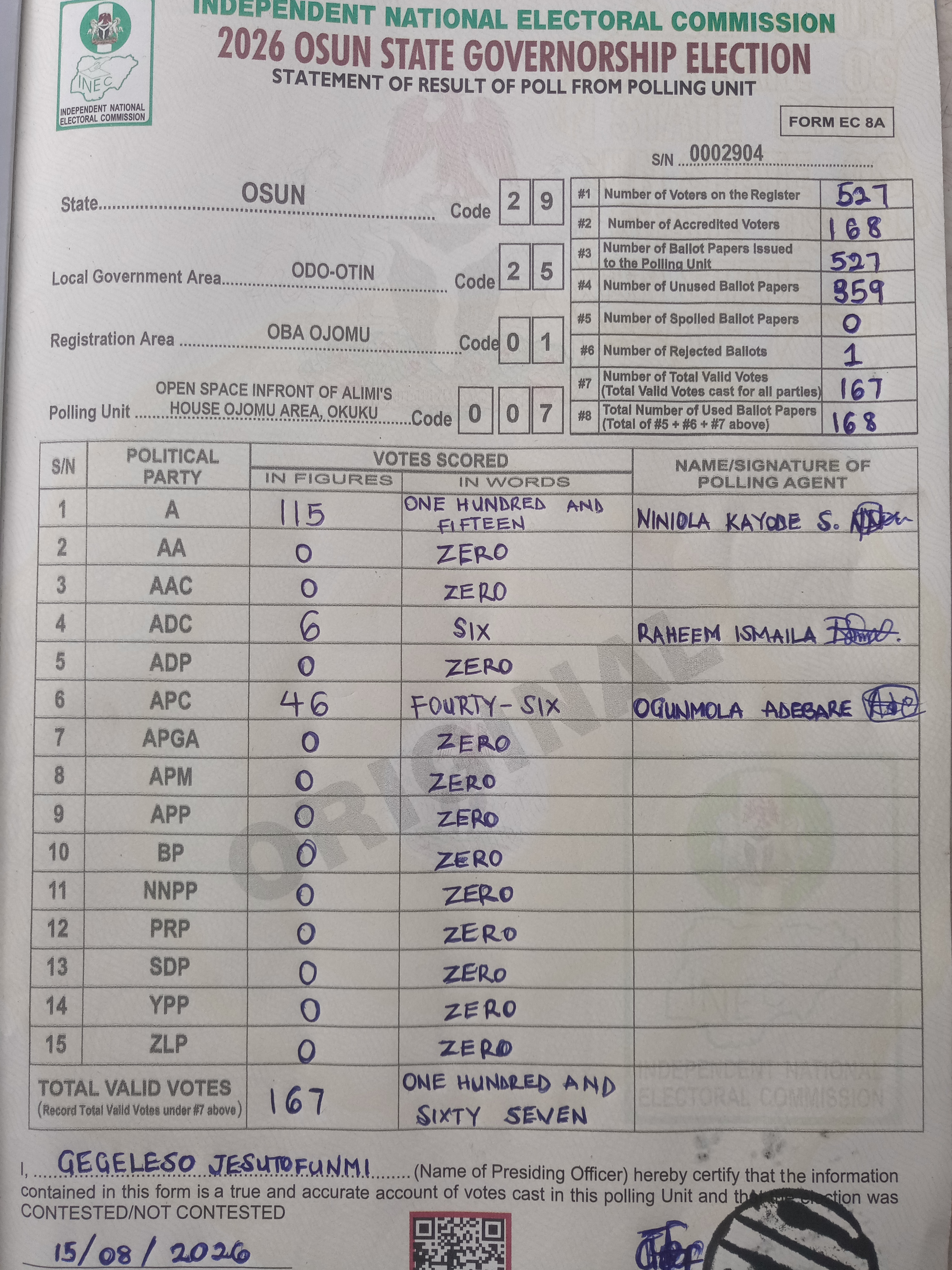 Result sheet for polling unit 29/25/01/007, Open Space Infront Of Alimi's House Ojomu Area, Okuku