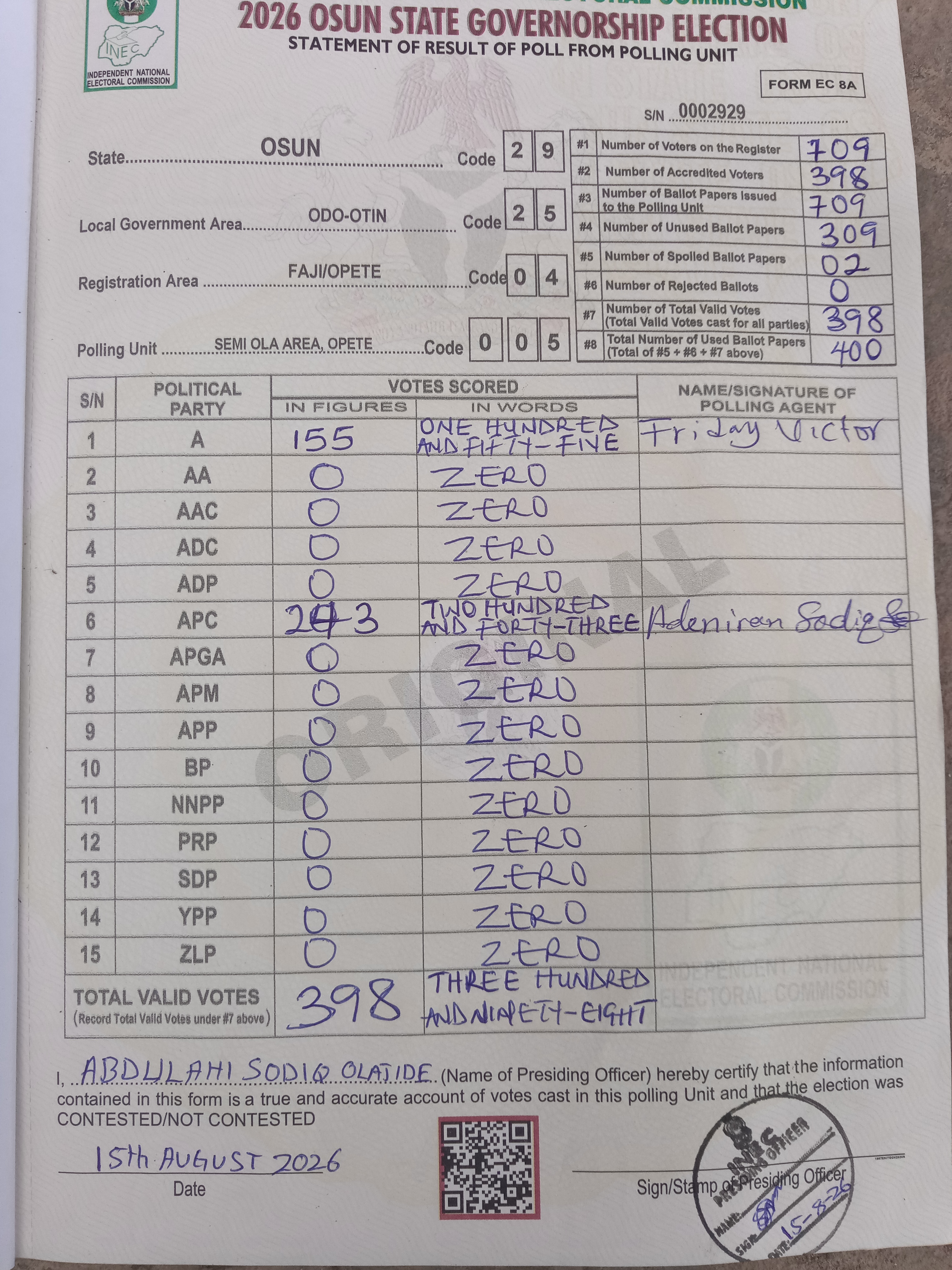 Result sheet for polling unit 29/25/04/005, Semi Ola Area, Opete
