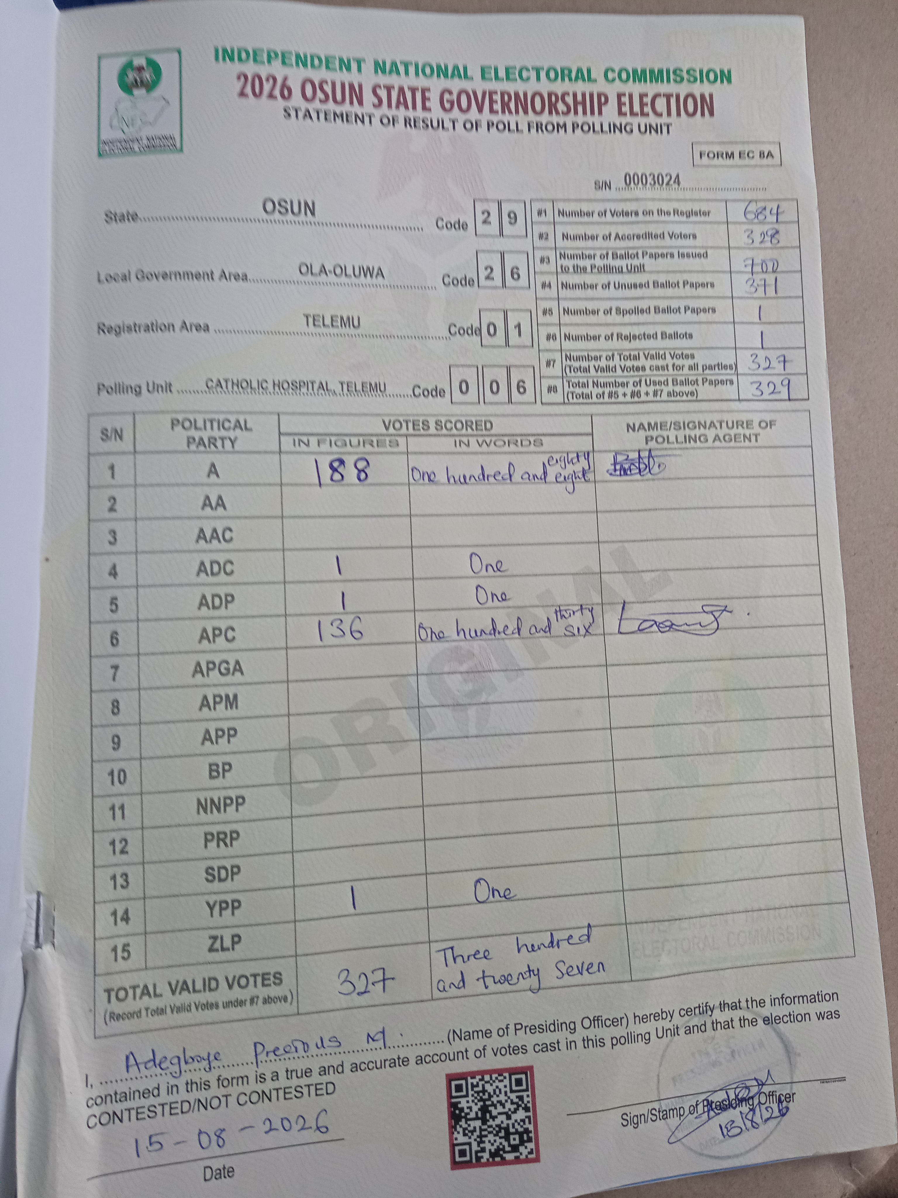 Result sheet for polling unit 29/26/01/006, Catholic Hospital, Telemu