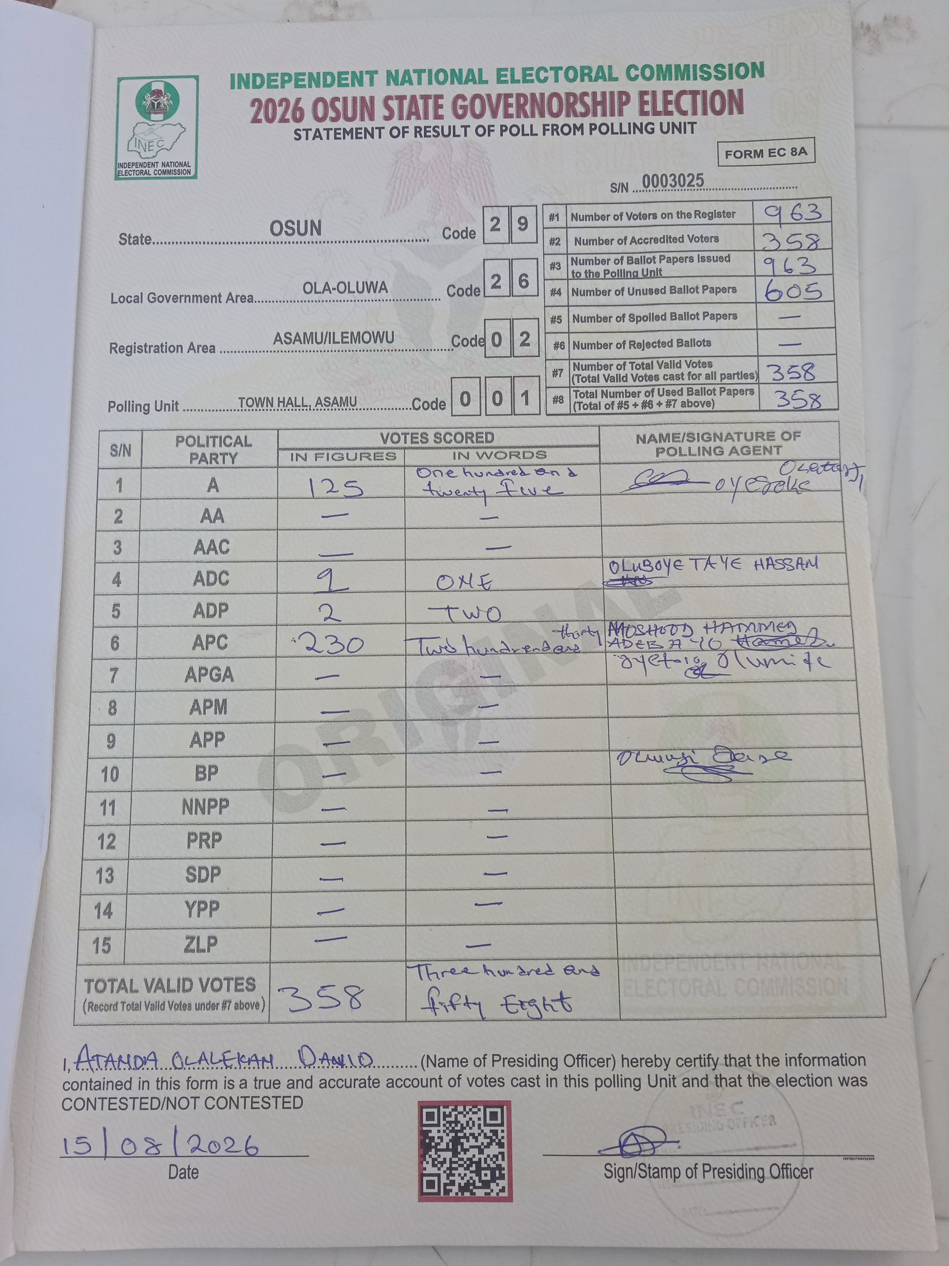 Result sheet for polling unit 29/26/02/001, Town Hall, Asamu