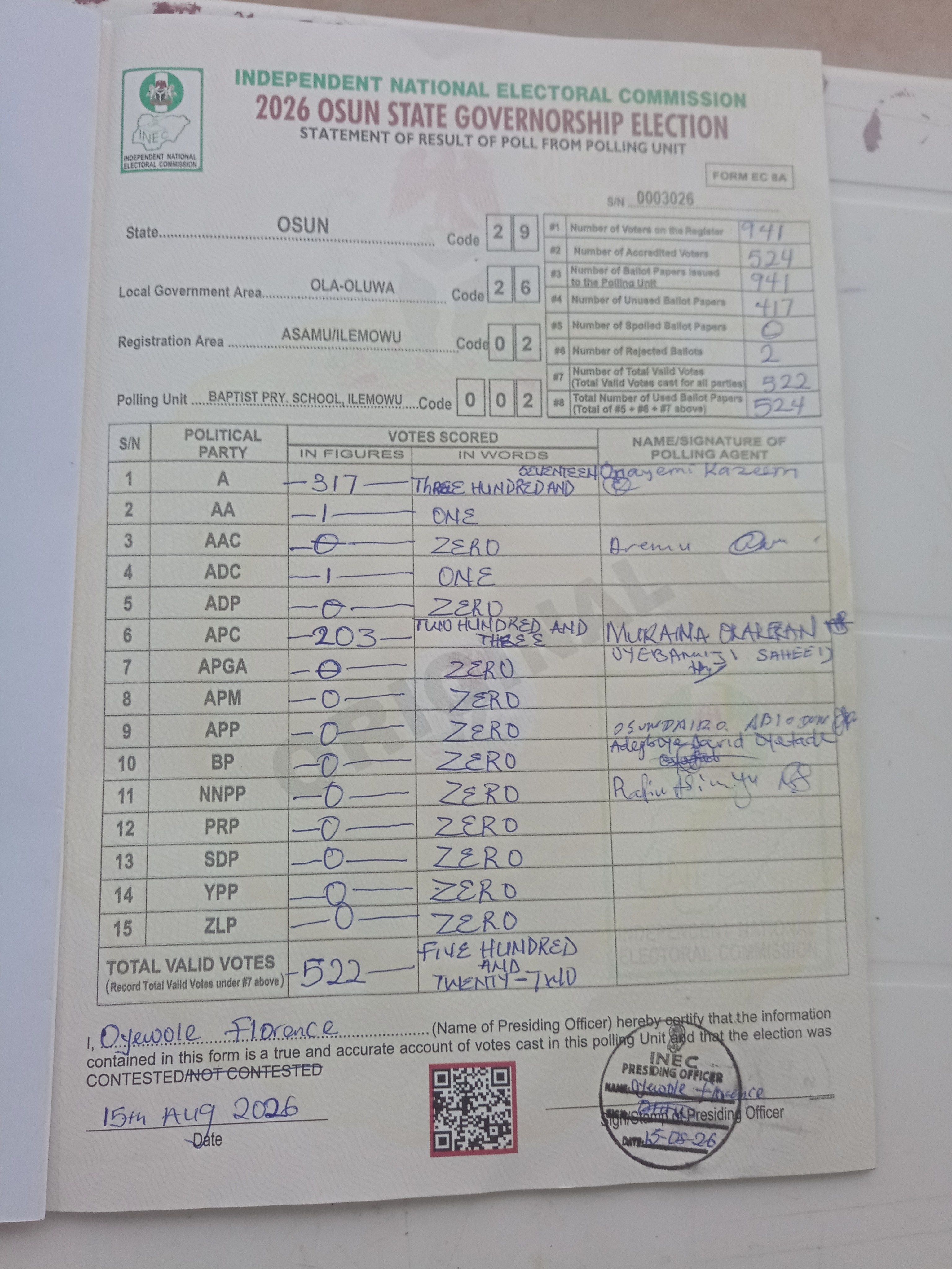 Result sheet for polling unit 29/26/02/002, Baptist Pry. School, Ilemowu