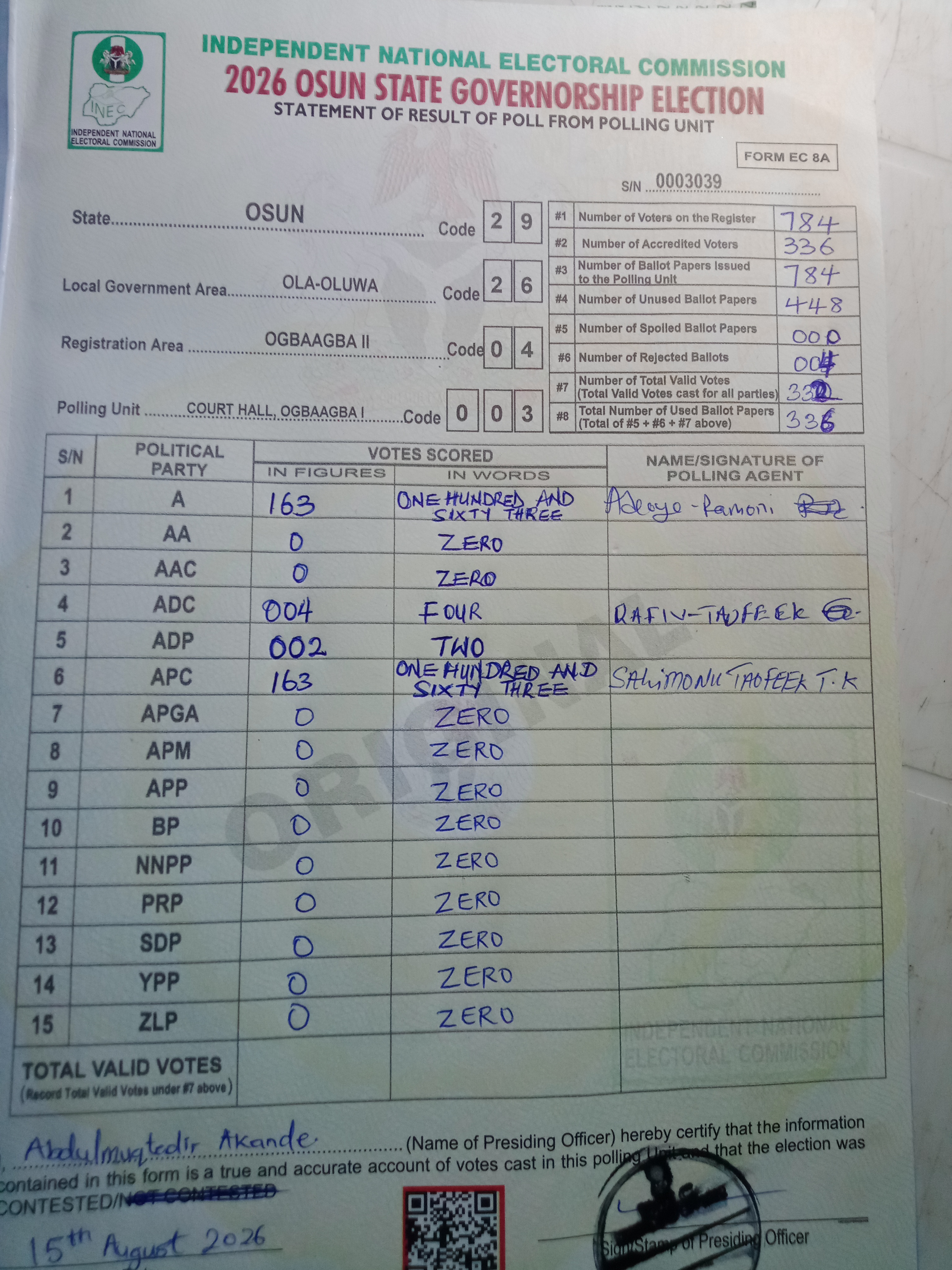Result sheet for polling unit 29/26/04/003, Court Hall, Ogbaagba I