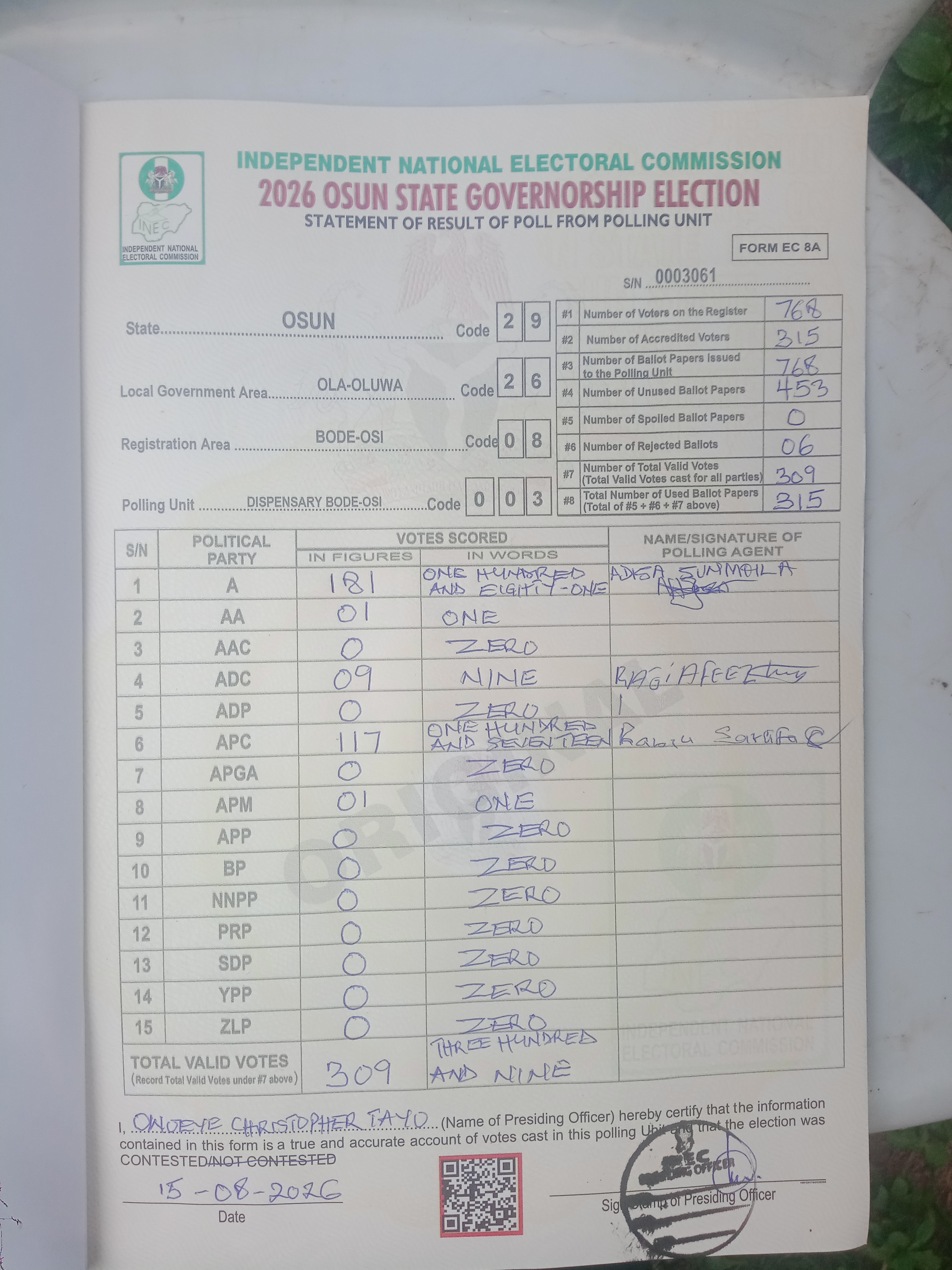 Result sheet for polling unit 29/26/08/003, Dispensary Bode-Osi
