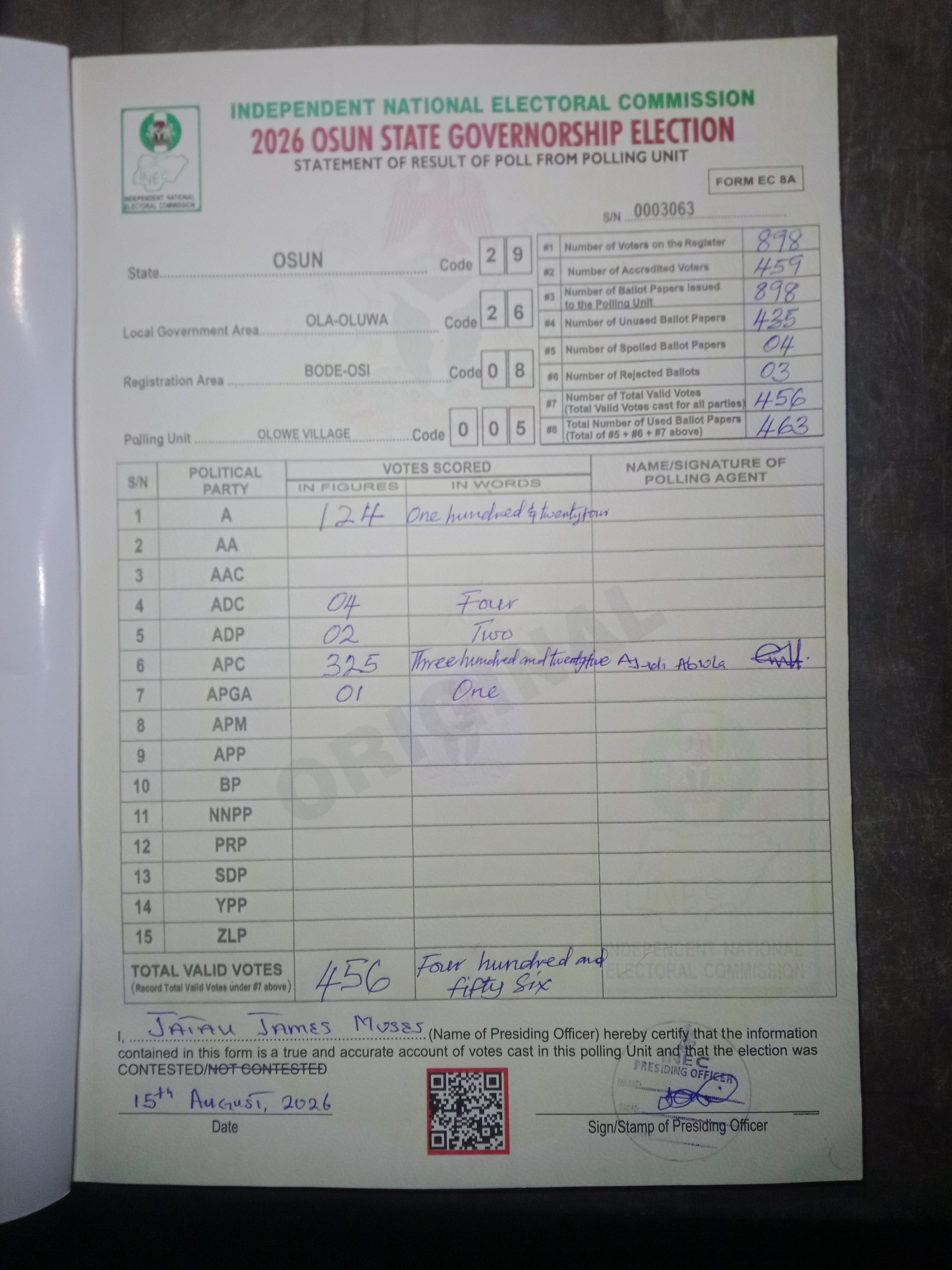 Result sheet for polling unit 29/26/08/005, Olowe Village