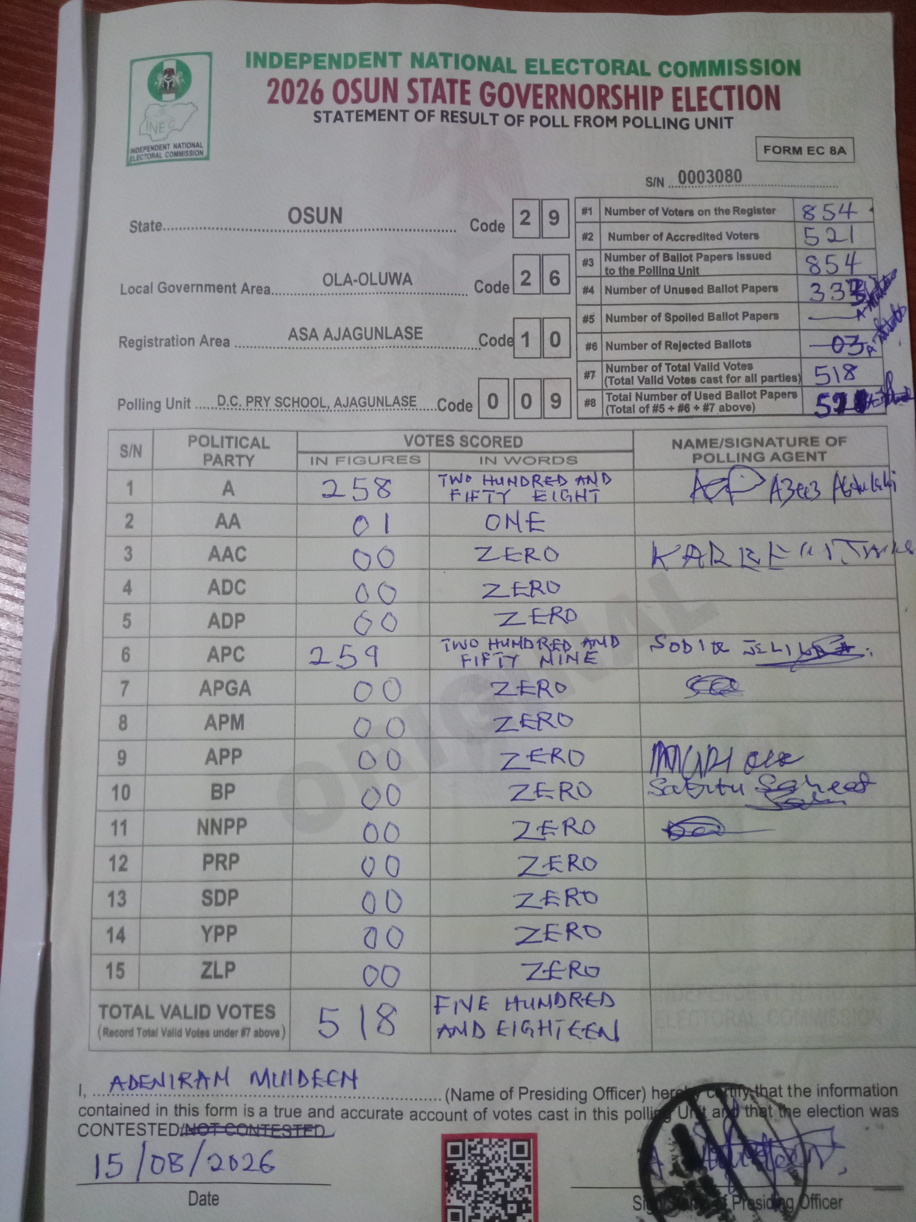 Result sheet for polling unit 29/26/10/009, D.C. Pry School, Ajagunlase