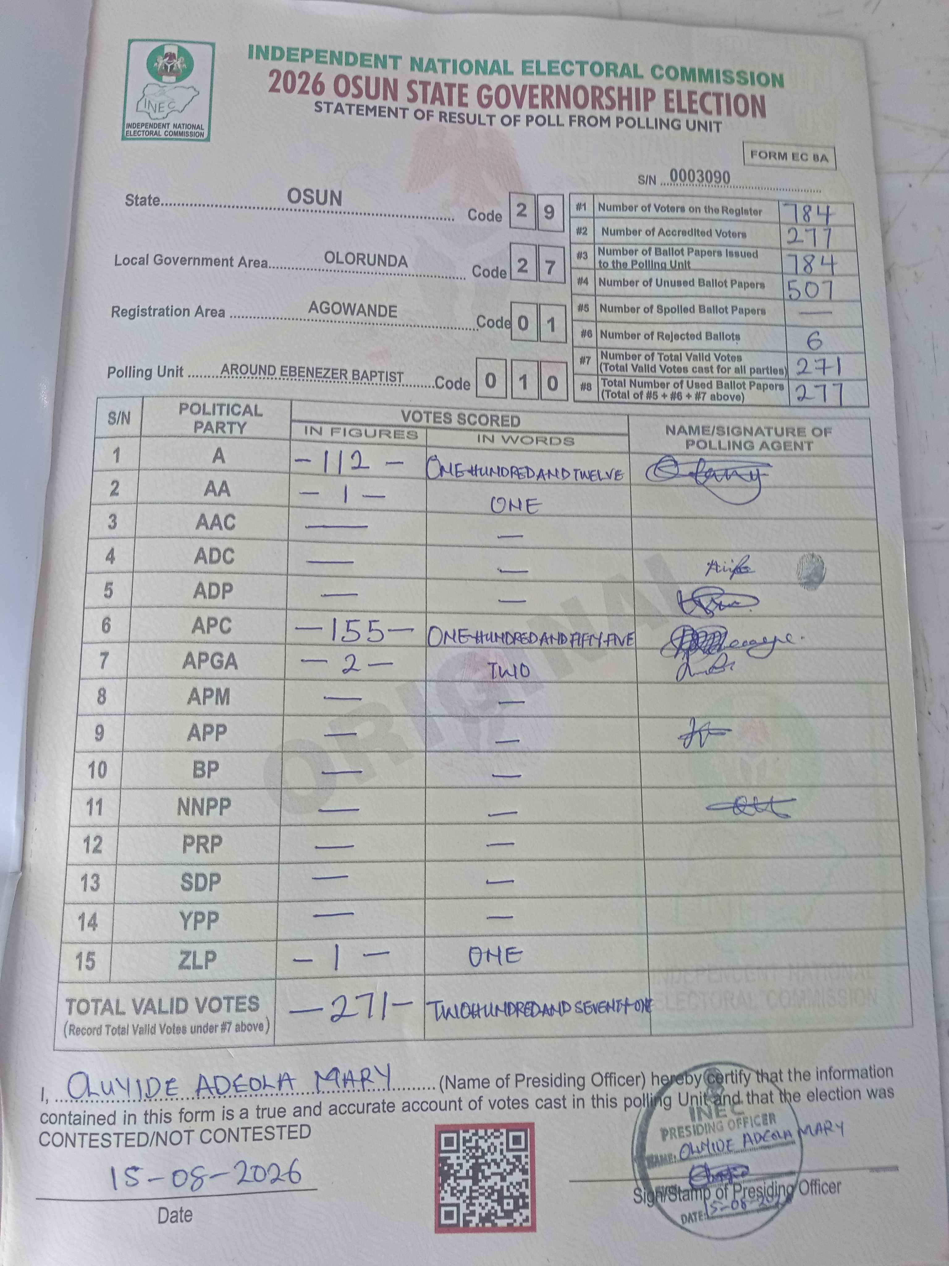 Result sheet for polling unit 29/27/01/010, Around Ebenezer Baptist