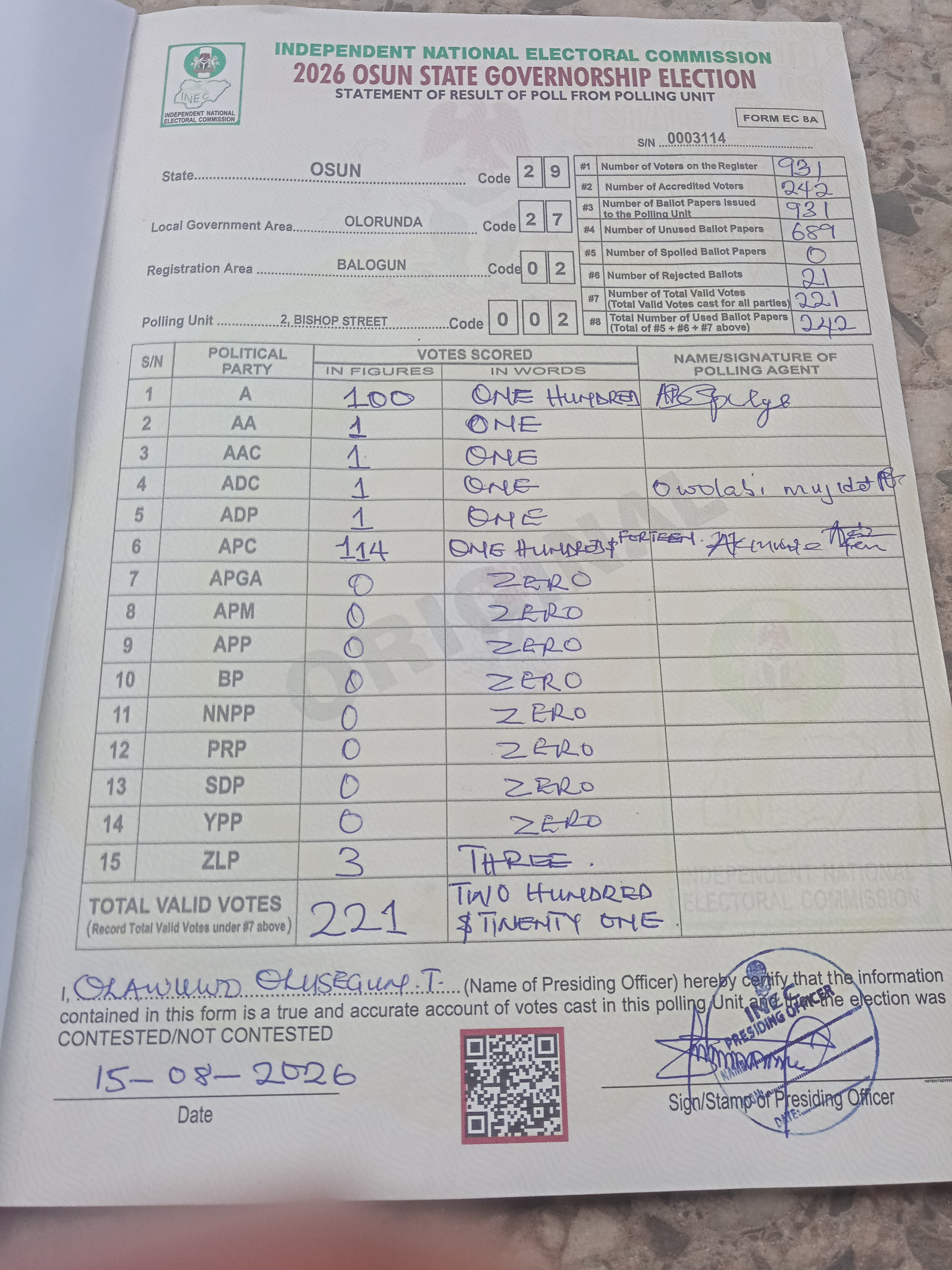 Result sheet for polling unit 29/27/02/002, 2, Bishop Street