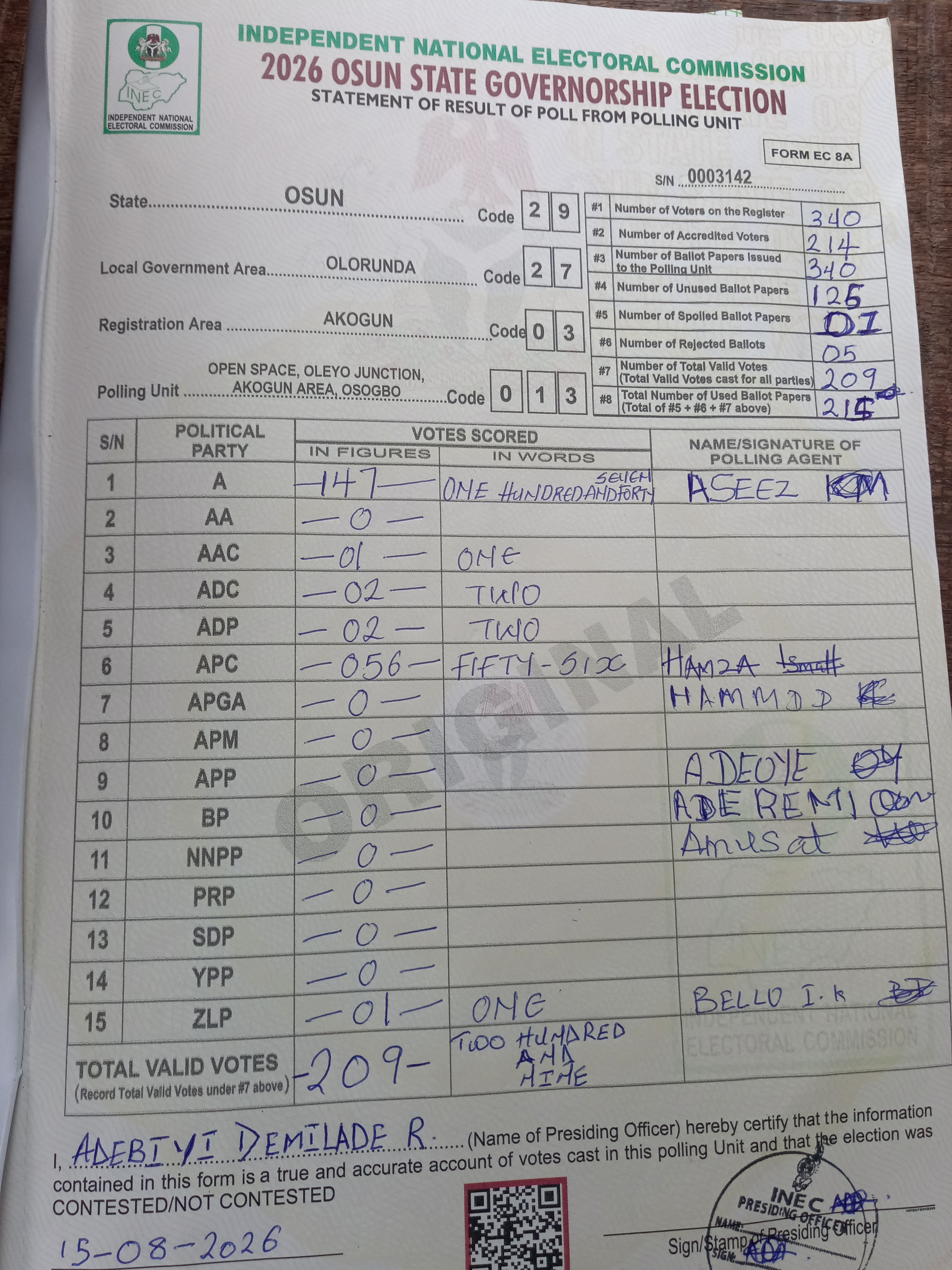 Result sheet for polling unit 29/27/03/013, Open Space, Oleyo Junction, Akogun Area, Osogbo