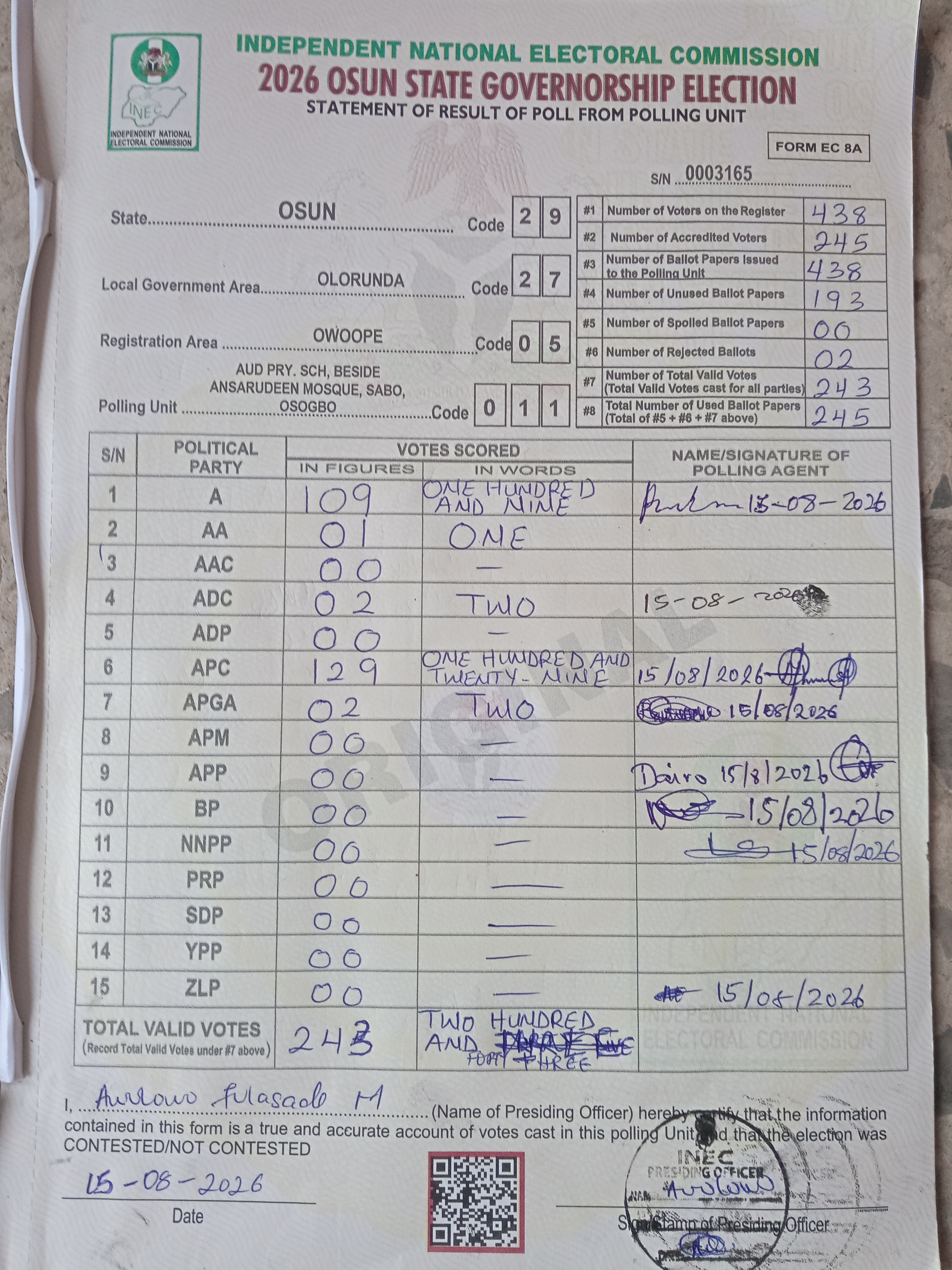 Result sheet for polling unit 29/27/05/011, Aud Pry. Sch, Beside Ansarudeen Mosque, Sabo, Osogbo
