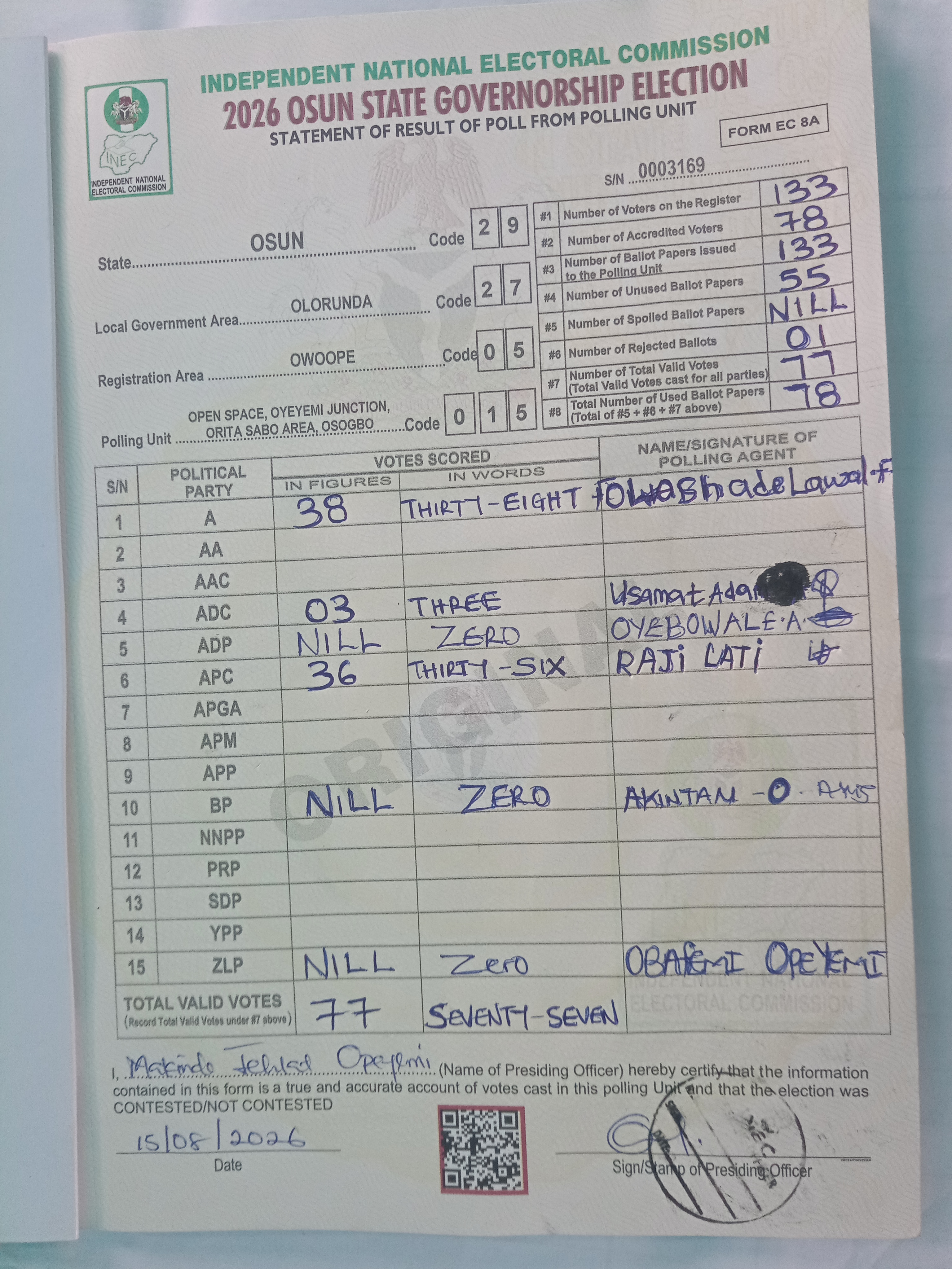 Result sheet for polling unit 29/27/05/015, Open Space, Oyeyemi Junction, Orita Sabo Area, Osogbo