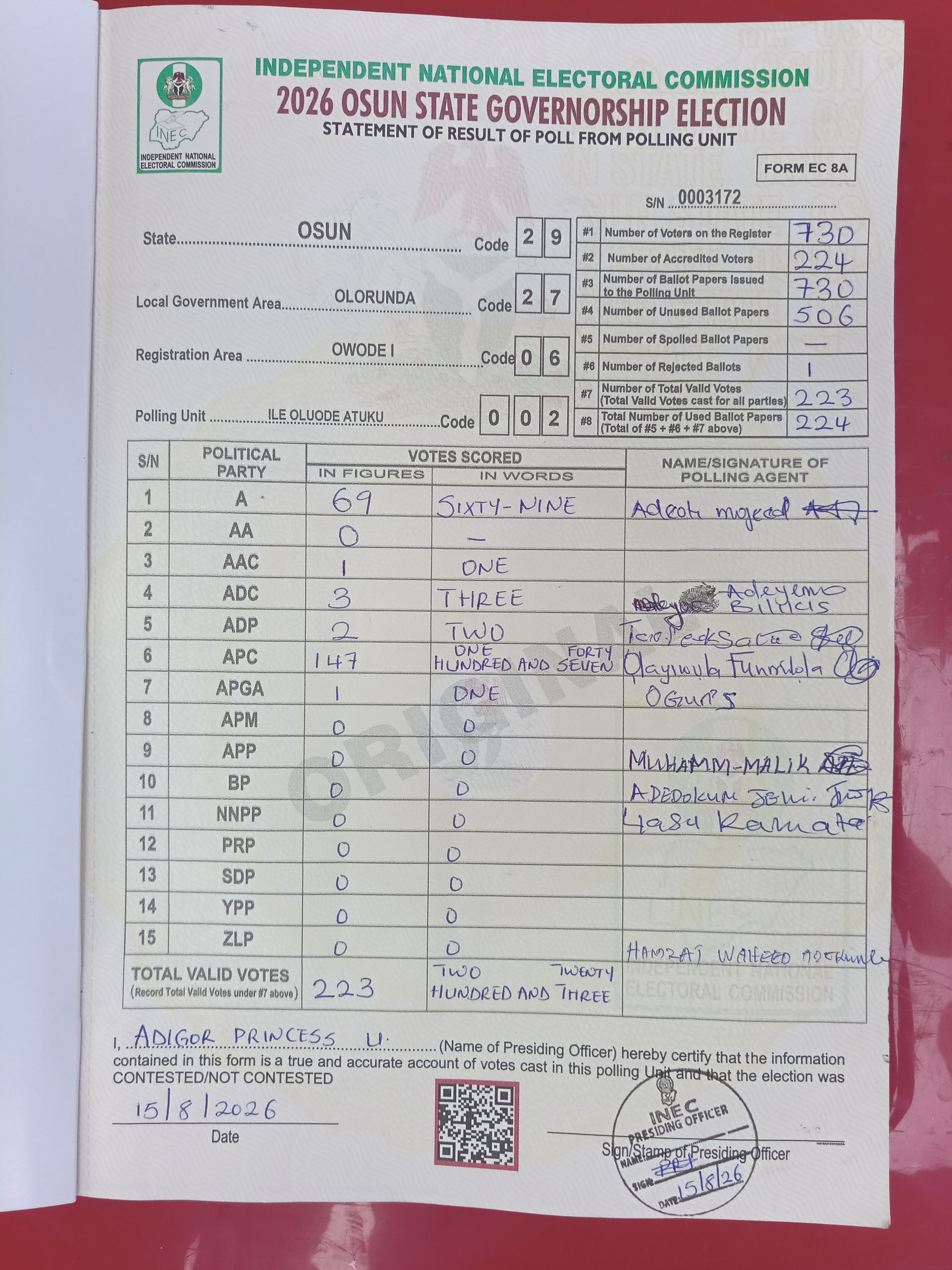 Result sheet for polling unit 29/27/06/002, Ile Oluode Atuku