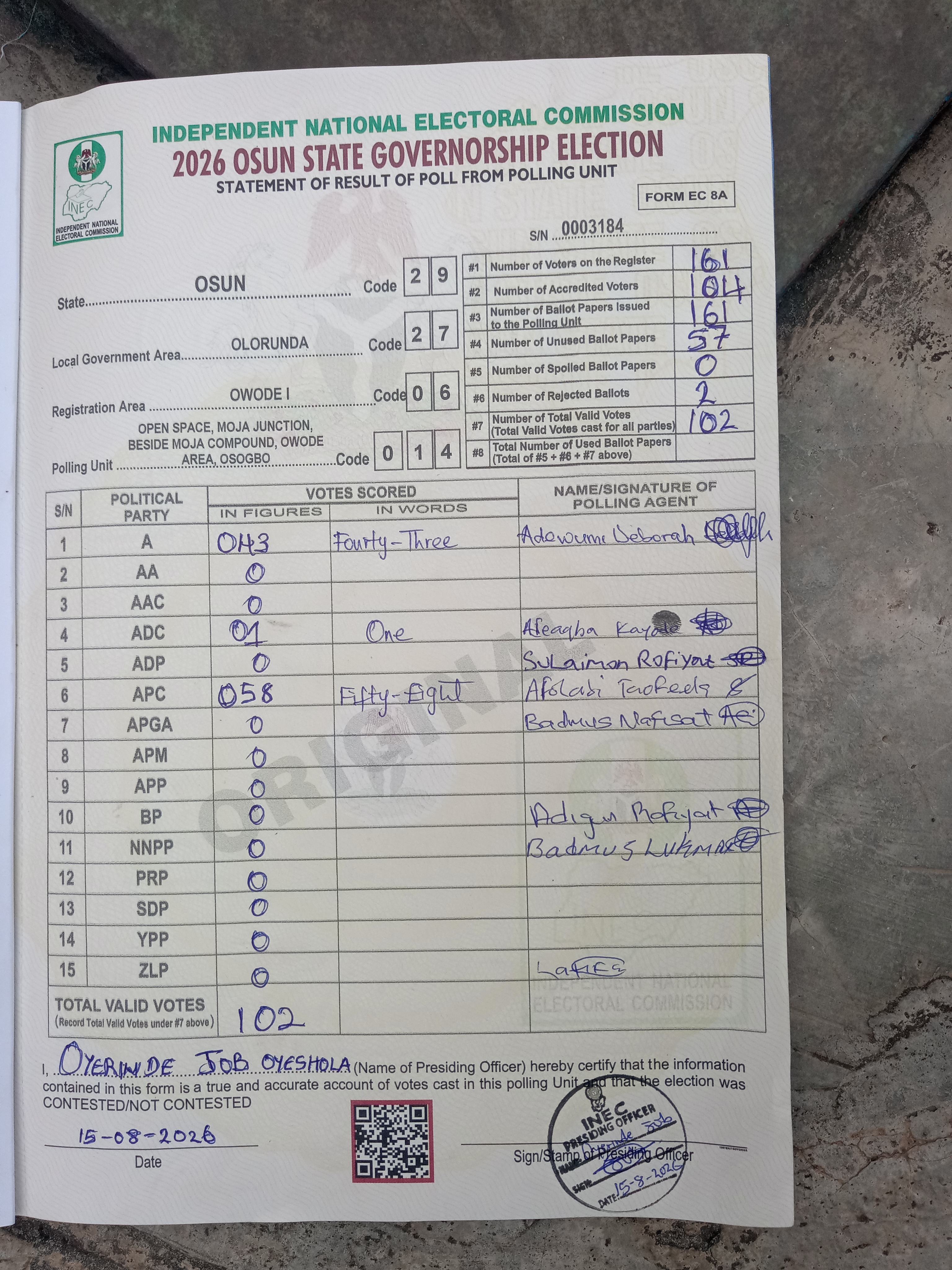 Result sheet for polling unit 29/27/06/014, Open Space, Moja Junction, Beside Moja Compound, Owode Area, Osogbo