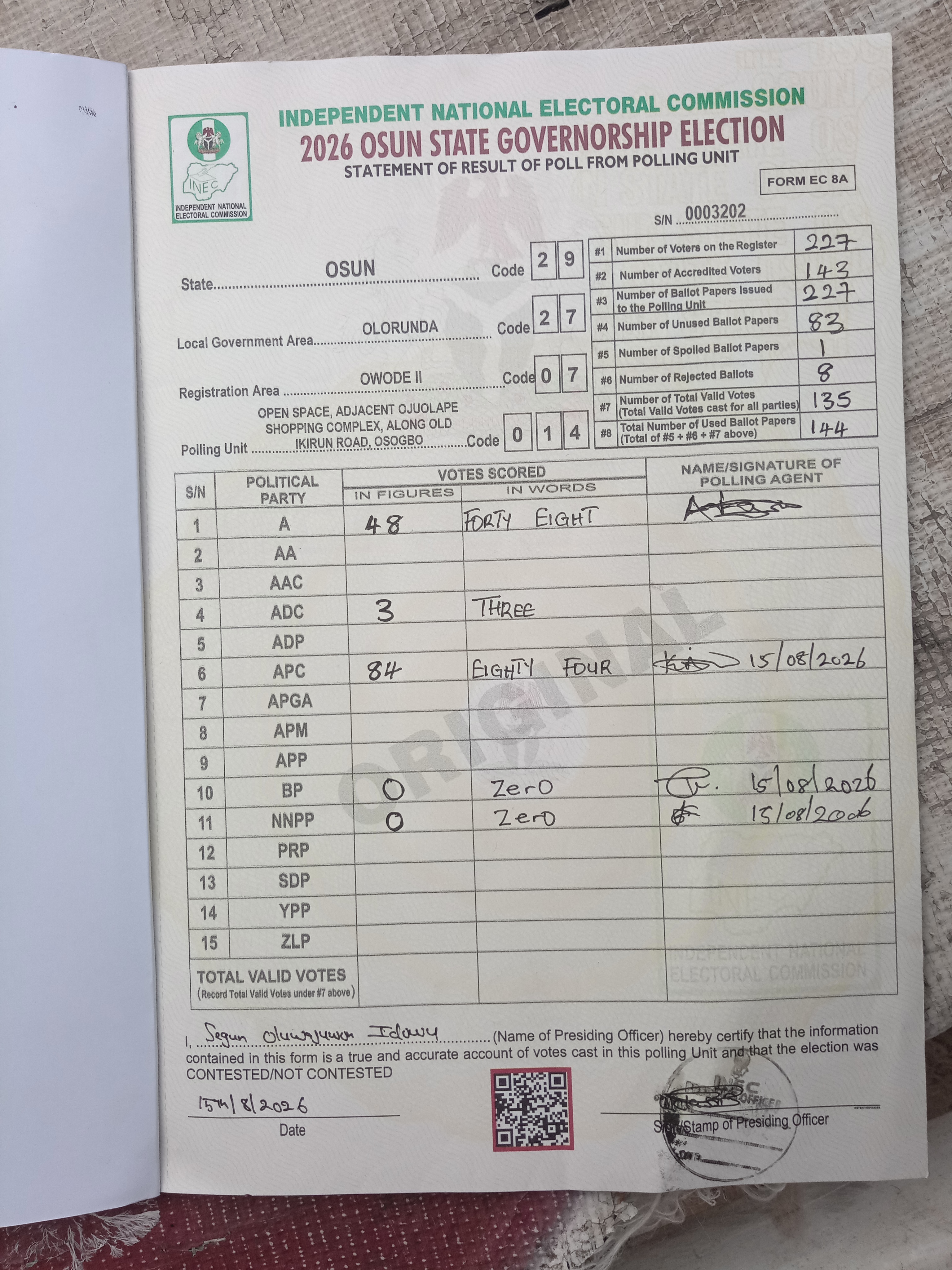 Result sheet for polling unit 29/27/07/014, Open Space, Adjacent Ojuolape Shopping Complex, Along Old Ikirun Road, Osogbo