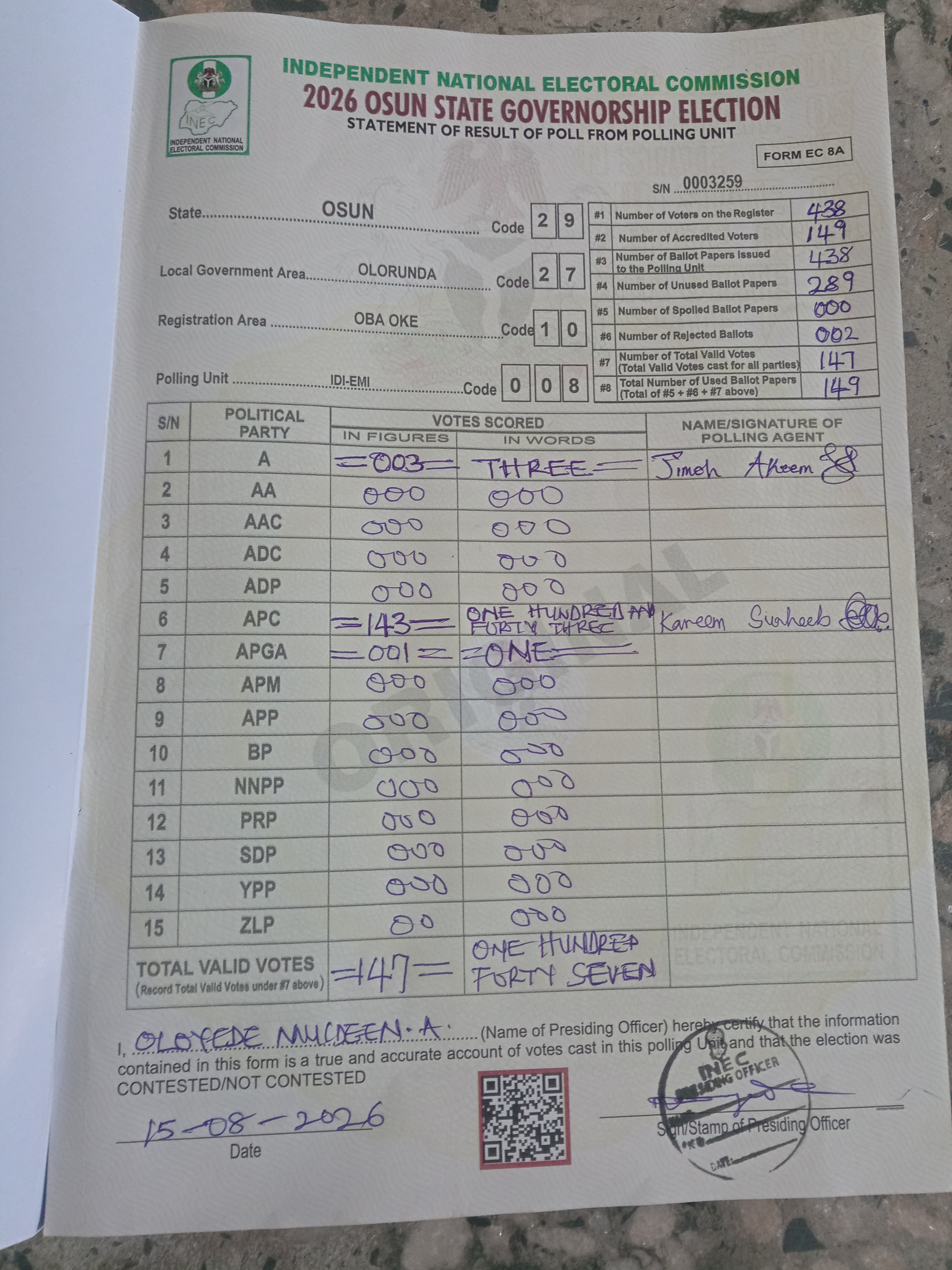 Result sheet for polling unit 29/27/10/008, Idi-Emi