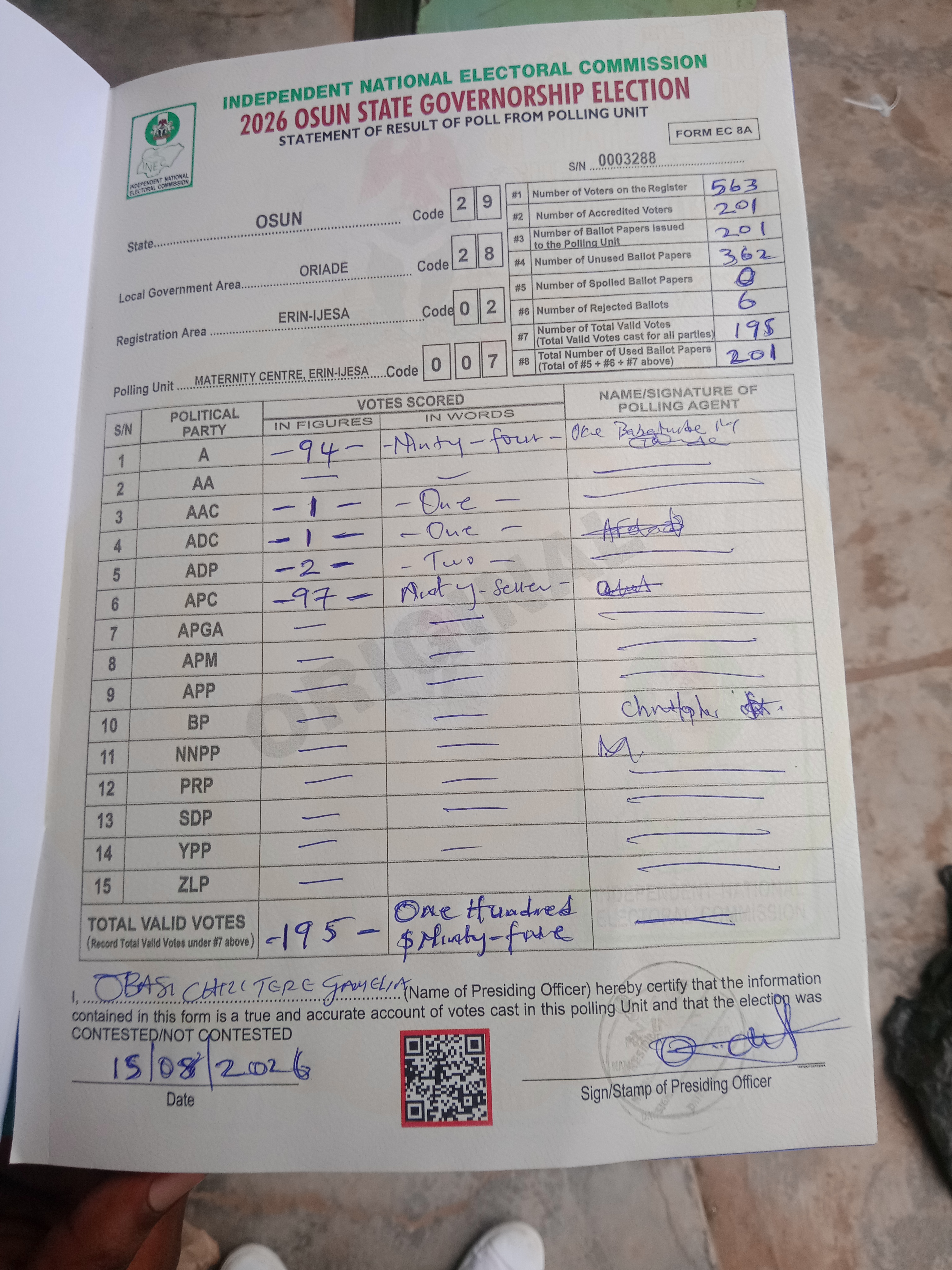 Result sheet for polling unit 29/28/02/007, Maternity Centre, Erin-Ijesa