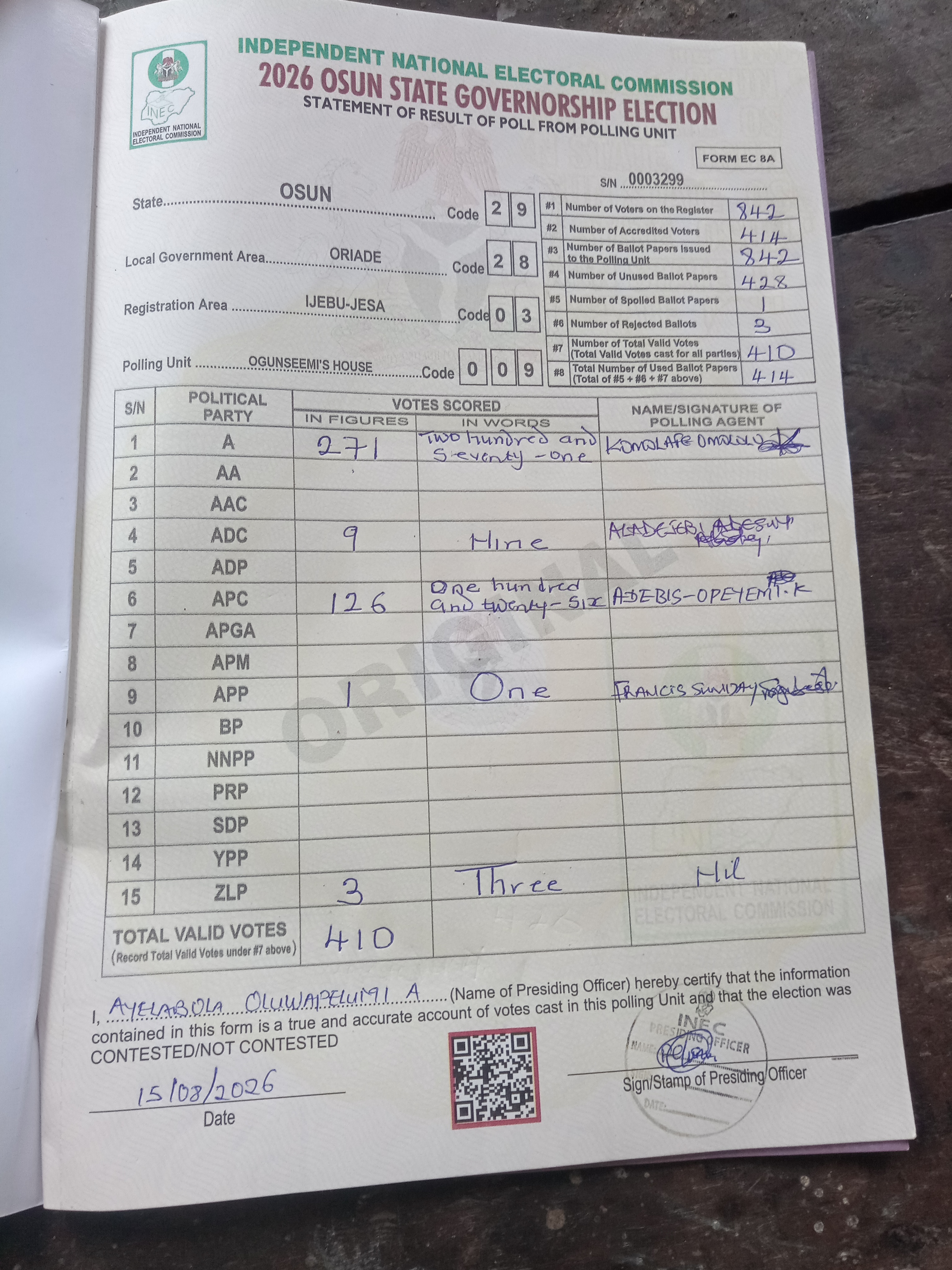 Result sheet for polling unit 29/28/03/009, Ogunseemi's House