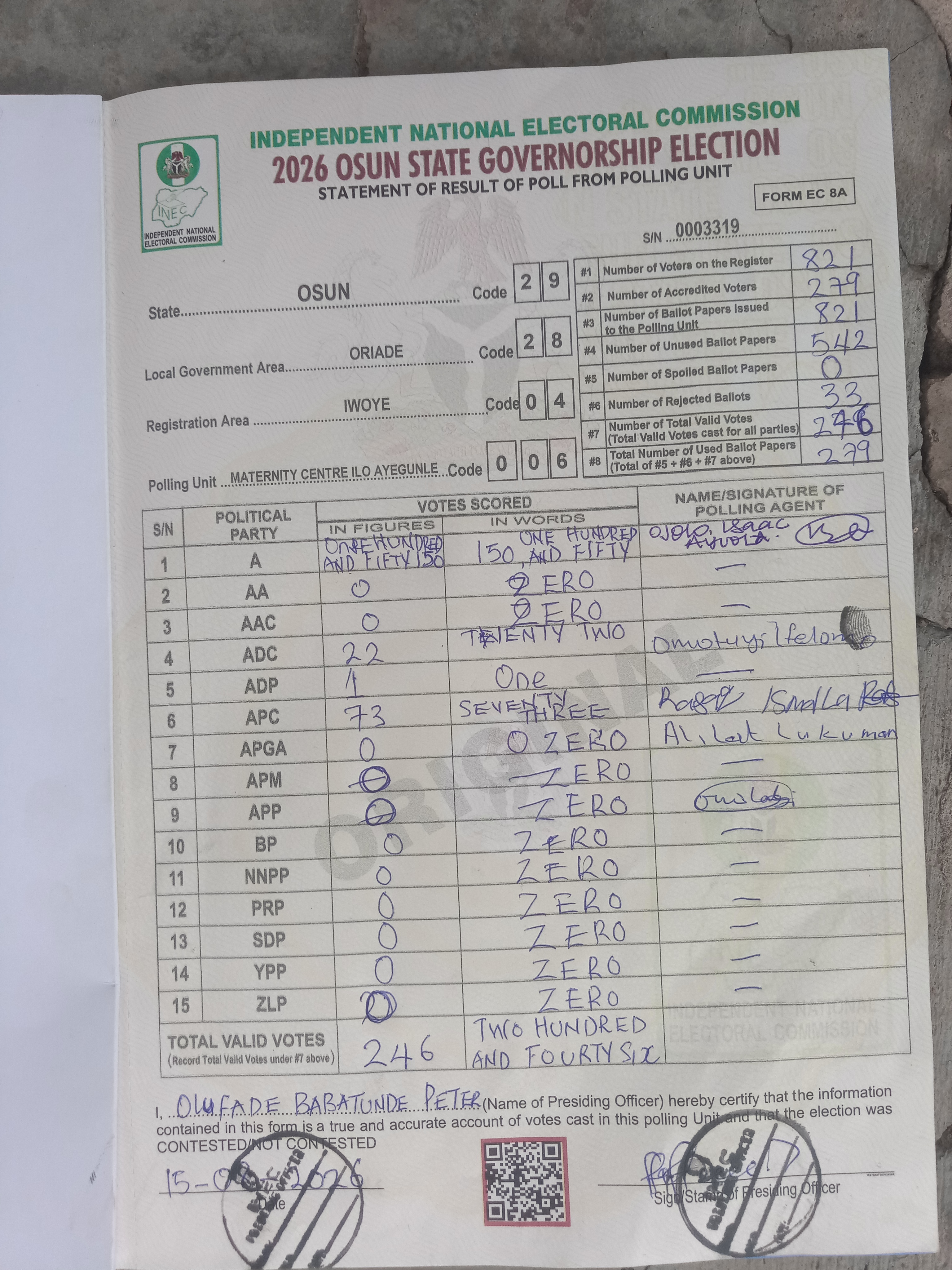 Result sheet for polling unit 29/28/04/006, Maternity Centre Ilo Ayegunle