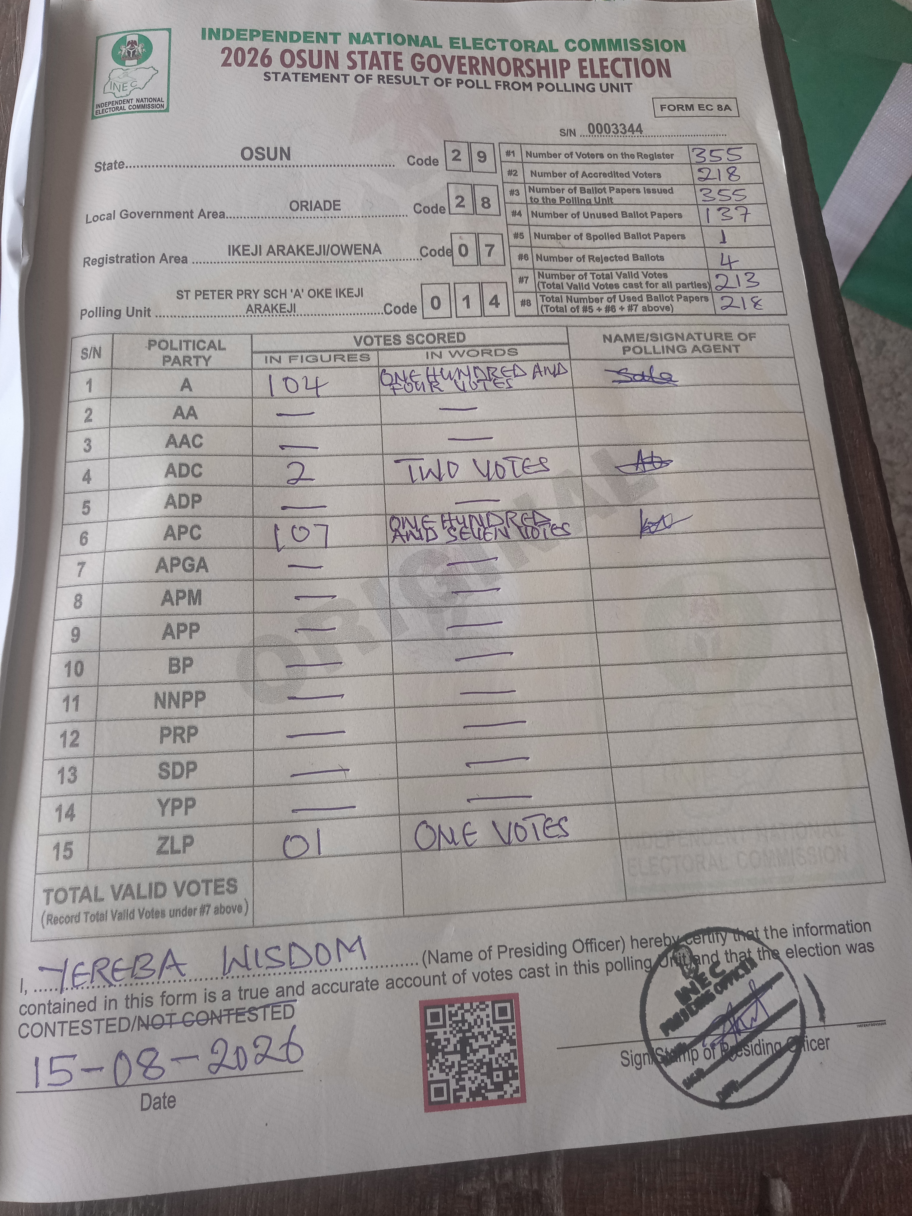 Result sheet for polling unit 29/28/07/014, St Peter Pry Sch 'a' Oke Ikeji Arakeji
