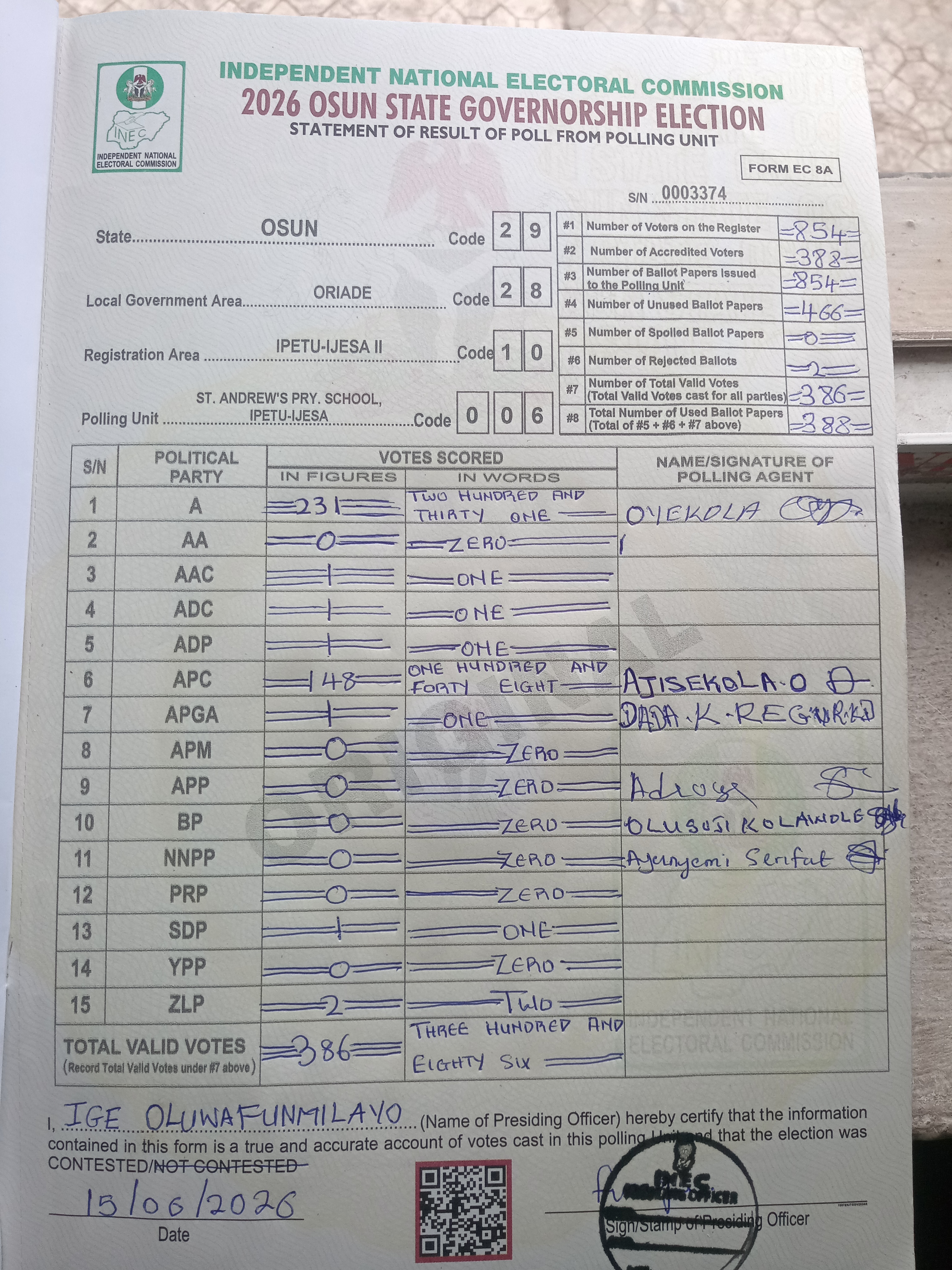 Result sheet for polling unit 29/28/10/006, St. Andrew's Pry. School, Ipetu-Ijesa
