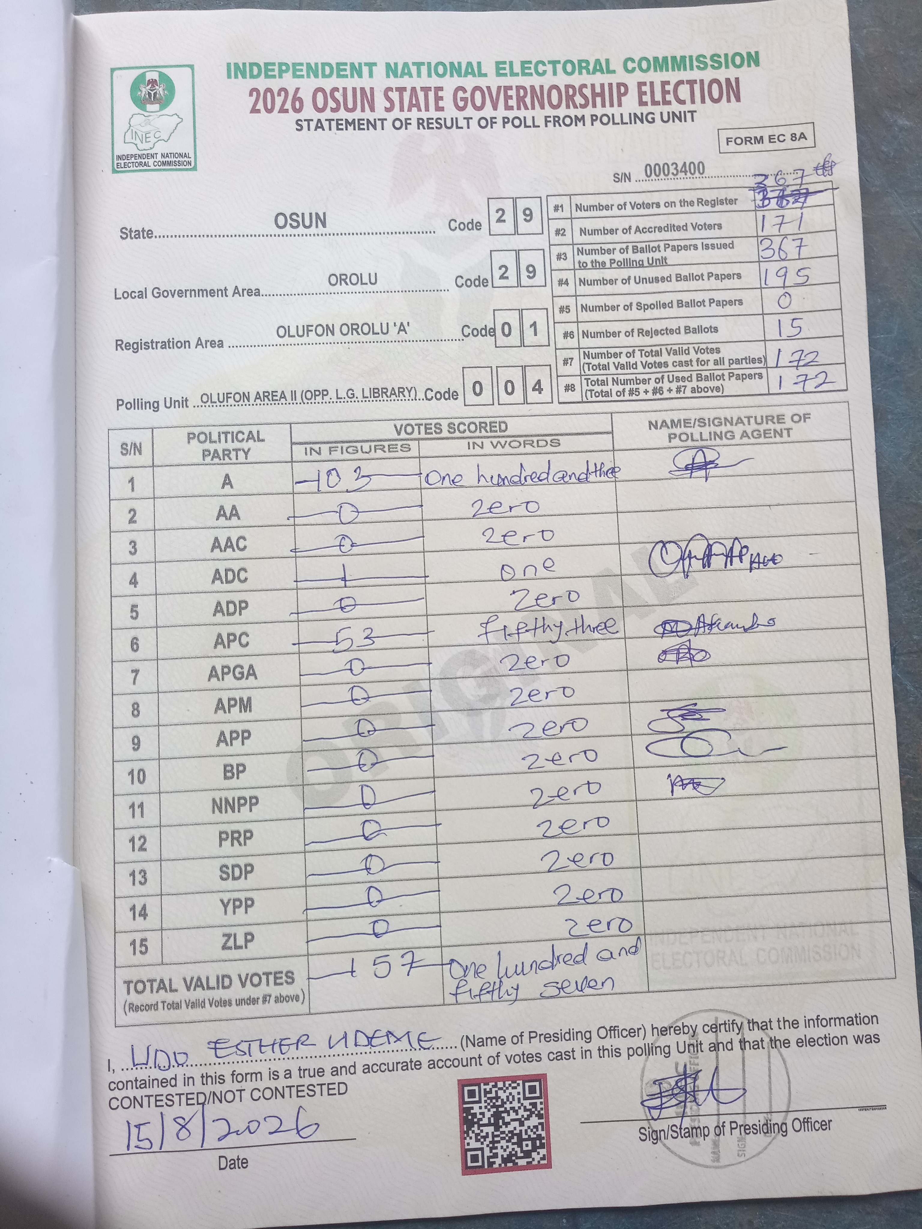 Result sheet for polling unit 29/29/01/004, Olufon Area II (Opp. L.G. Library)