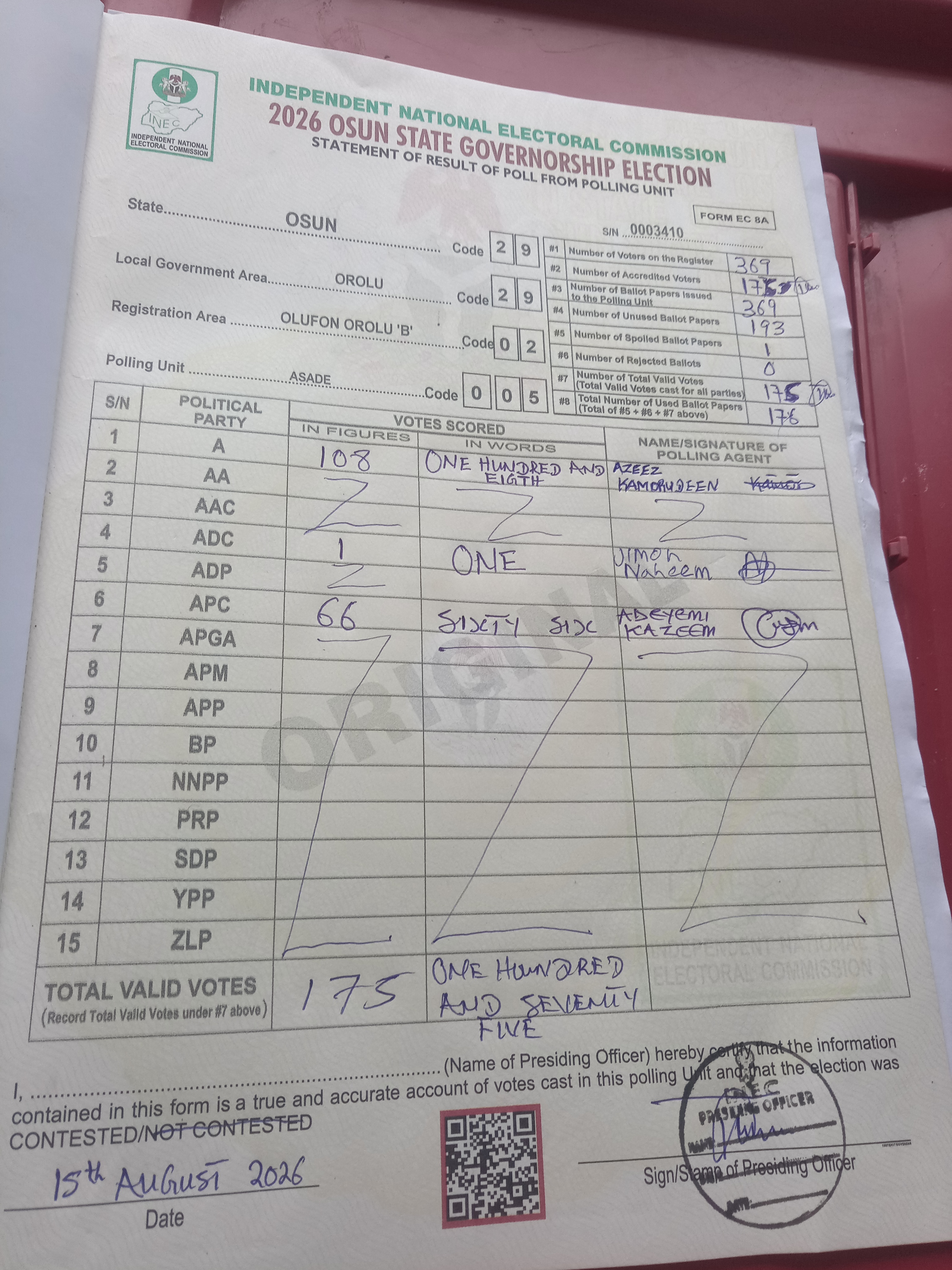 Result sheet for polling unit 29/29/02/005, Asade