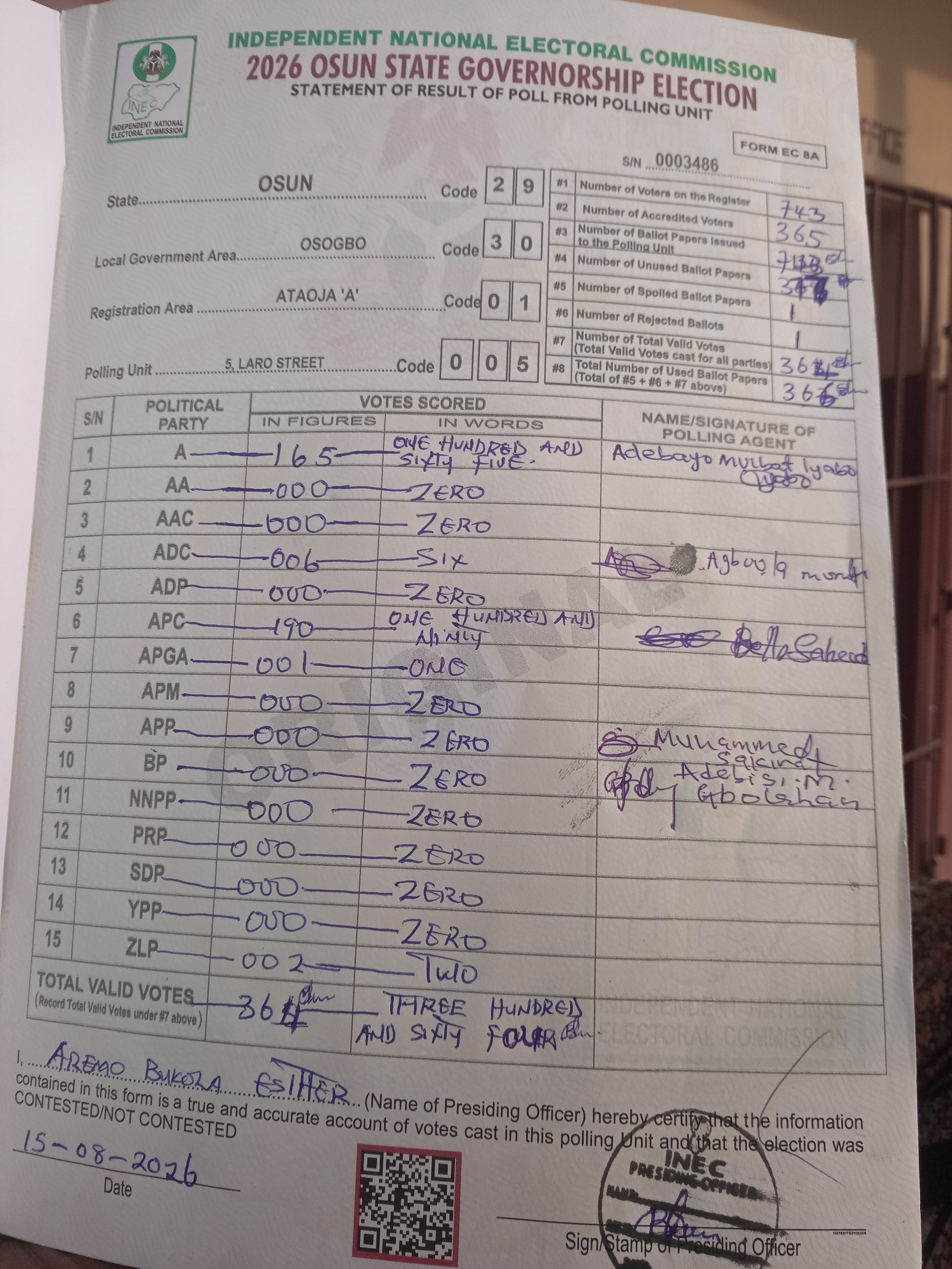 Result sheet for polling unit 29/30/01/005, 5, Laro Street