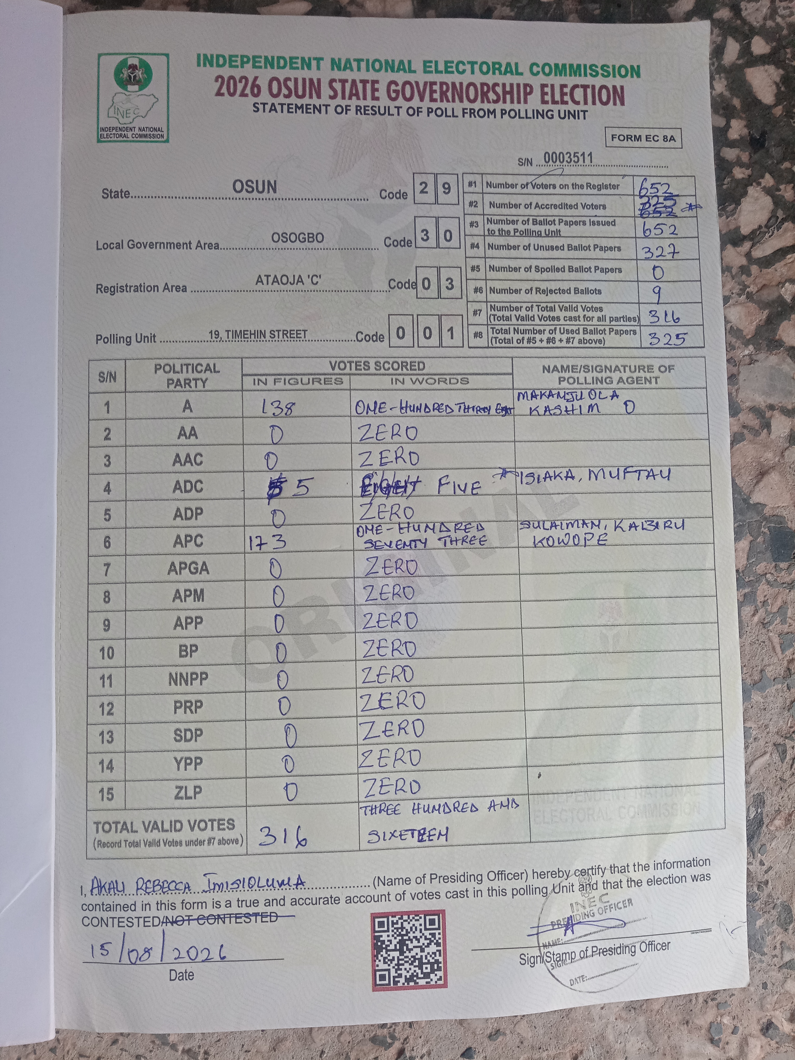 Result sheet for polling unit 29/30/03/001, 19, Timehin Street