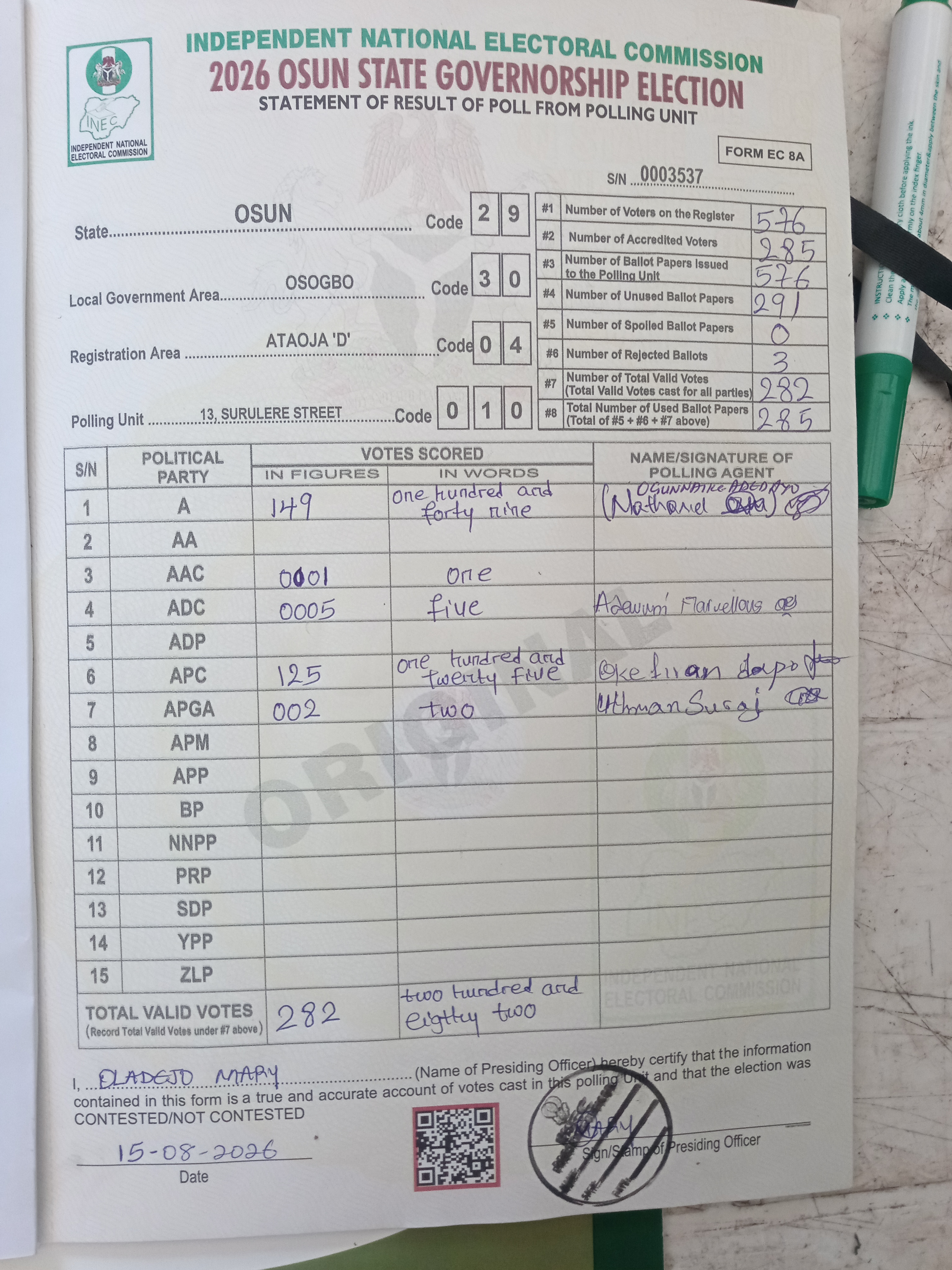Result sheet for polling unit 29/30/04/010, 13, Surulere Street