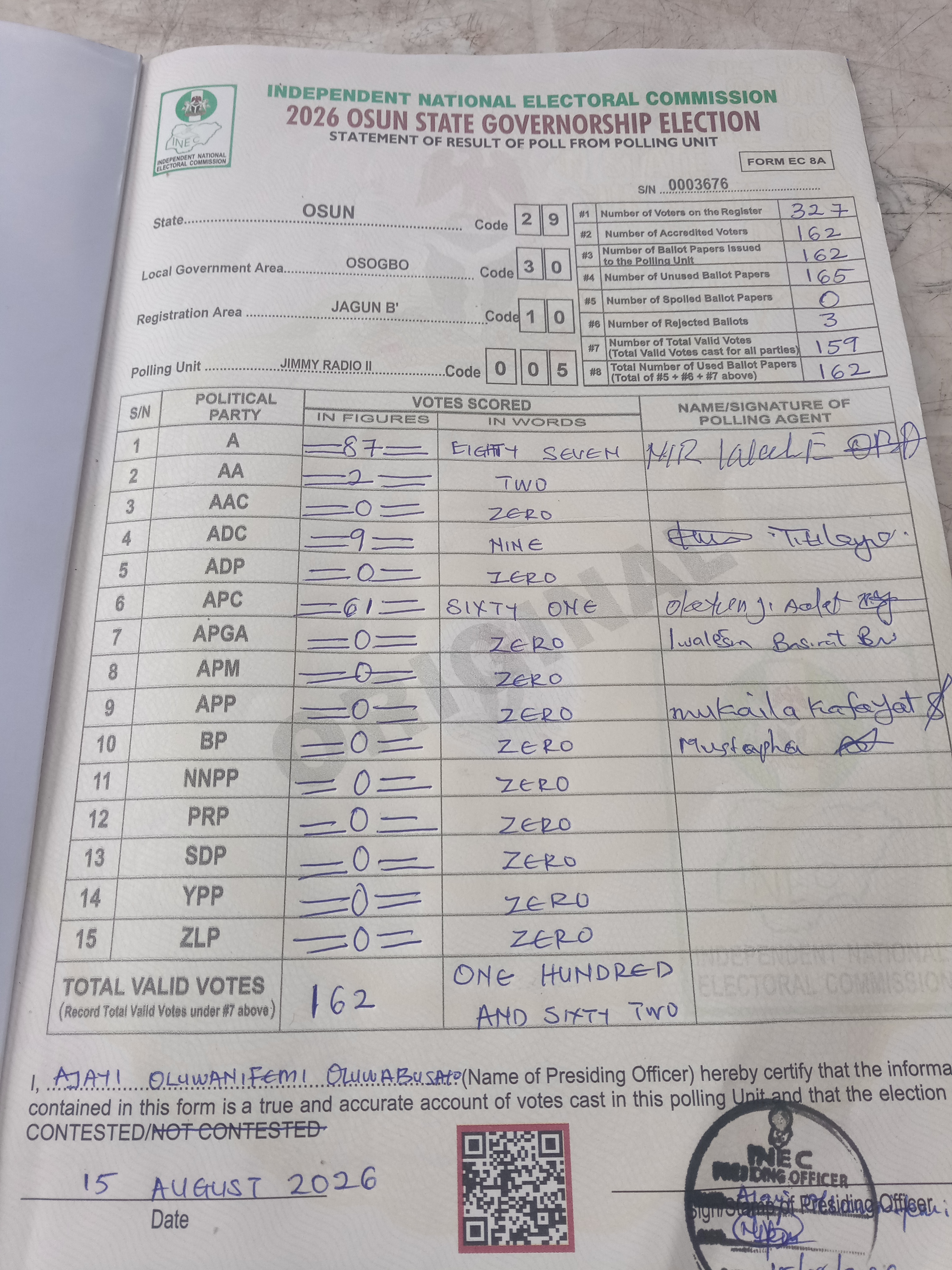 Result sheet for polling unit 29/30/10/005, Jimmy Radio II